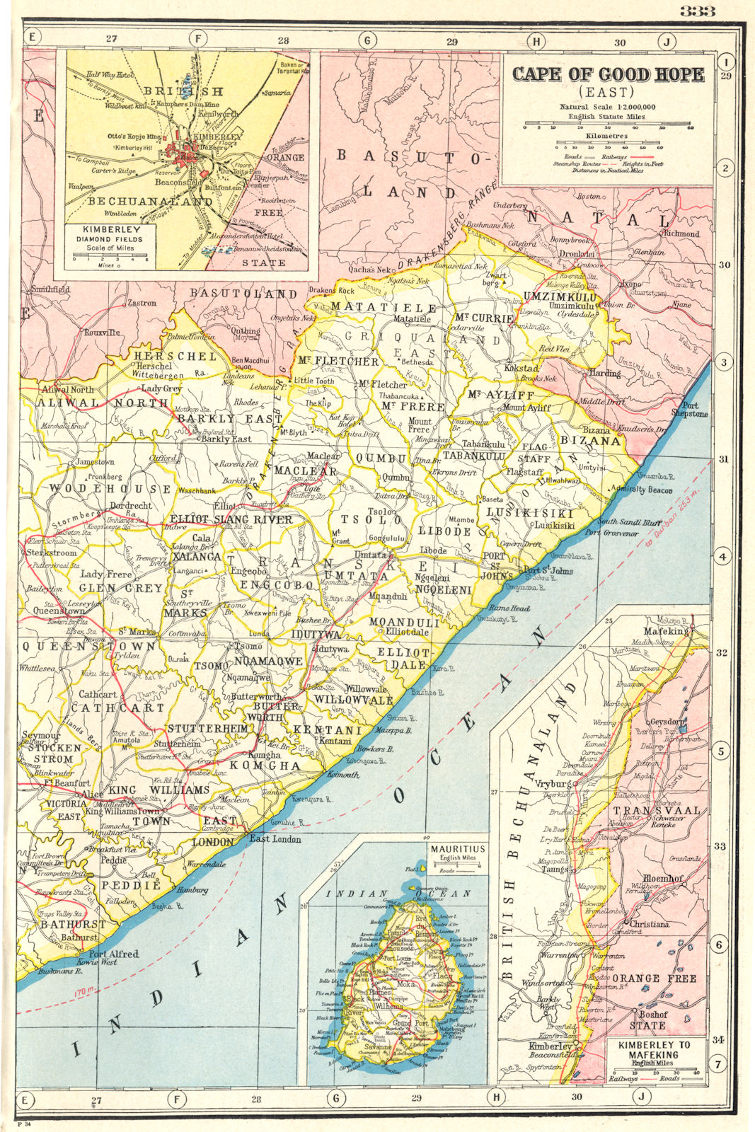 EASTERN CAPE. Inset map of the Kimberley diamond fields. South Africa 1920