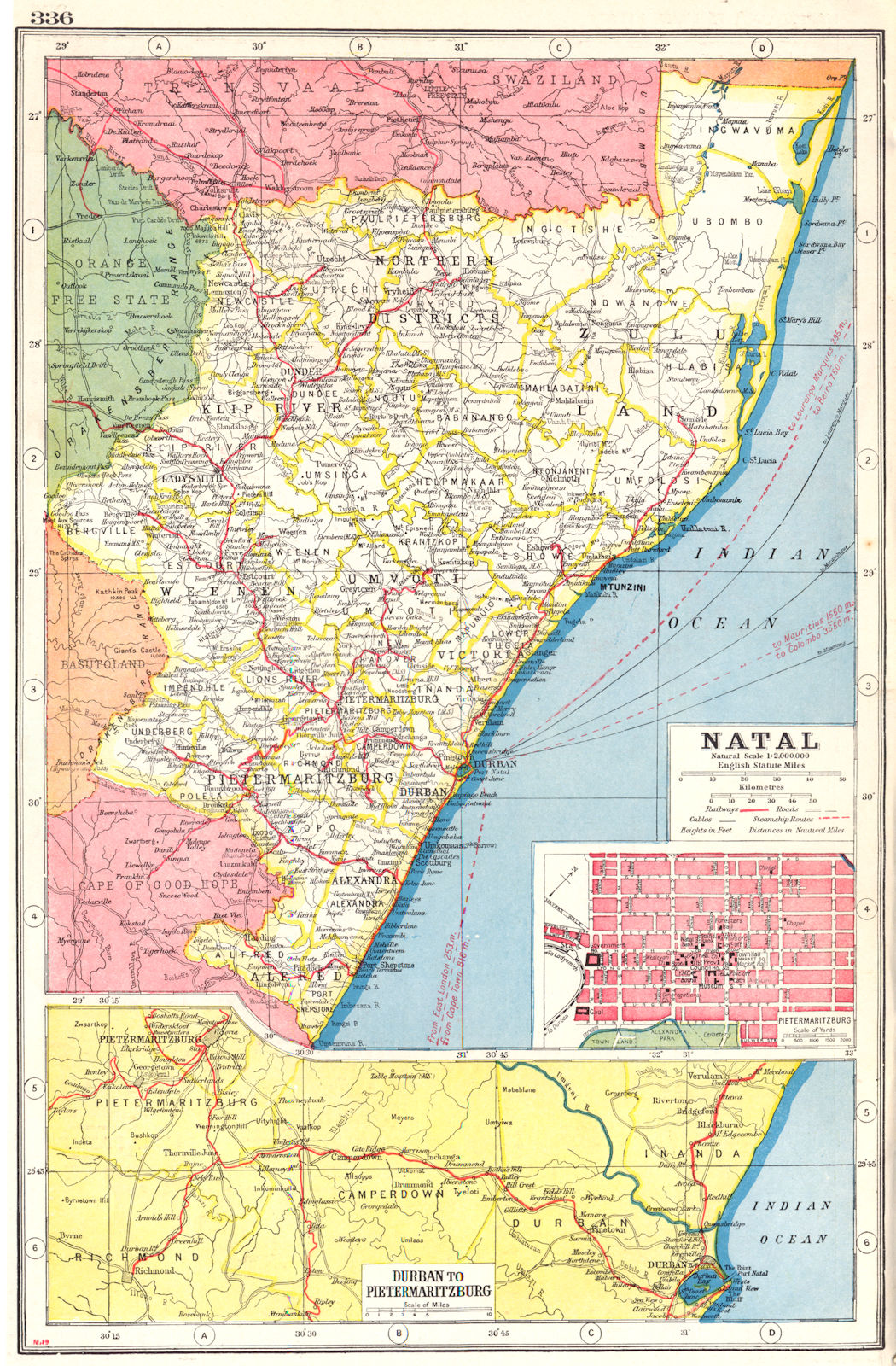 NATAL. Inset Pietermaritzburg city plan. Railways. Durban. HARMSWORTH 1920 map