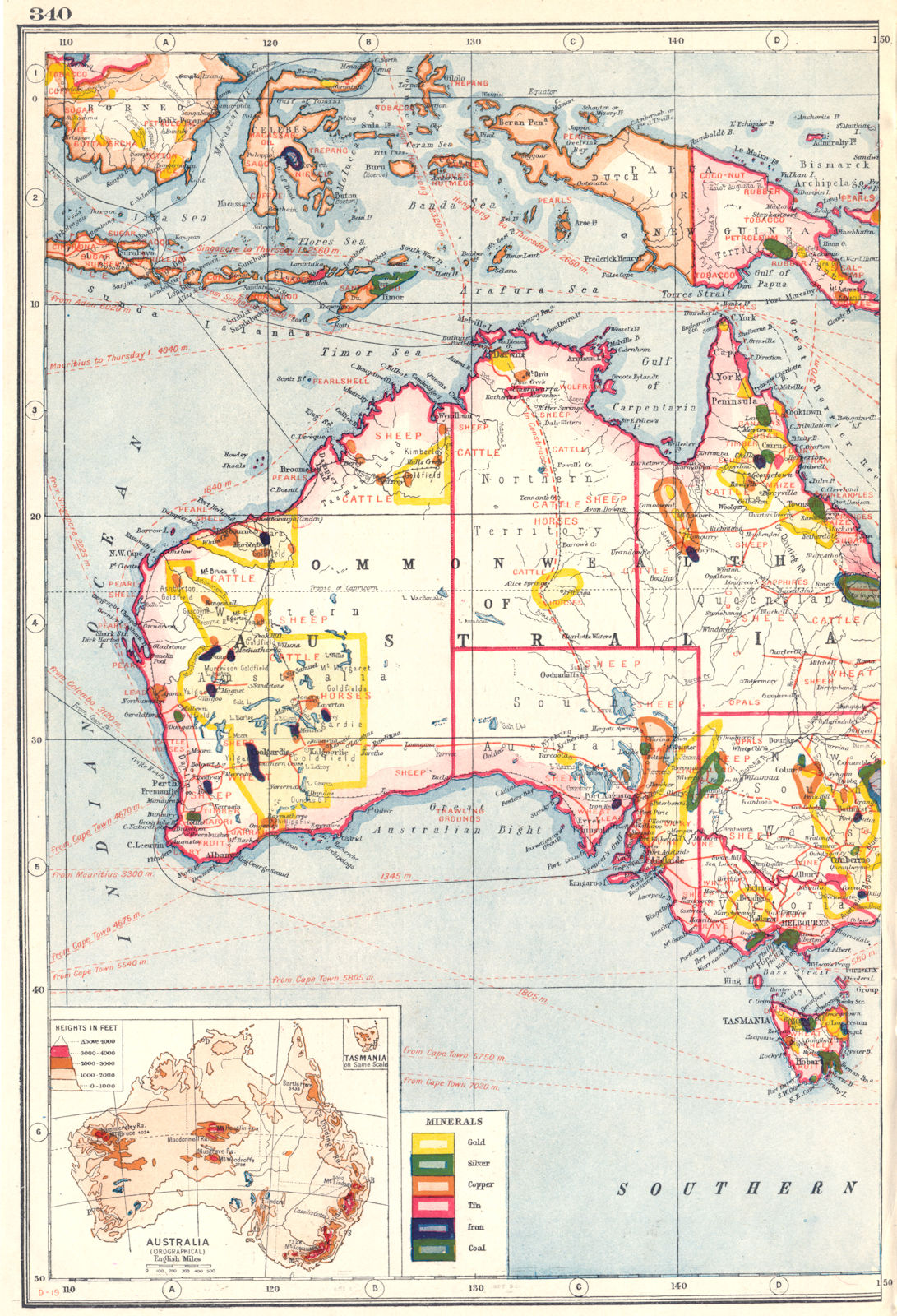 AUSTRALIA MINERALS & MINING.Goldfields Coal Copper Tin.Farm products 1920 map