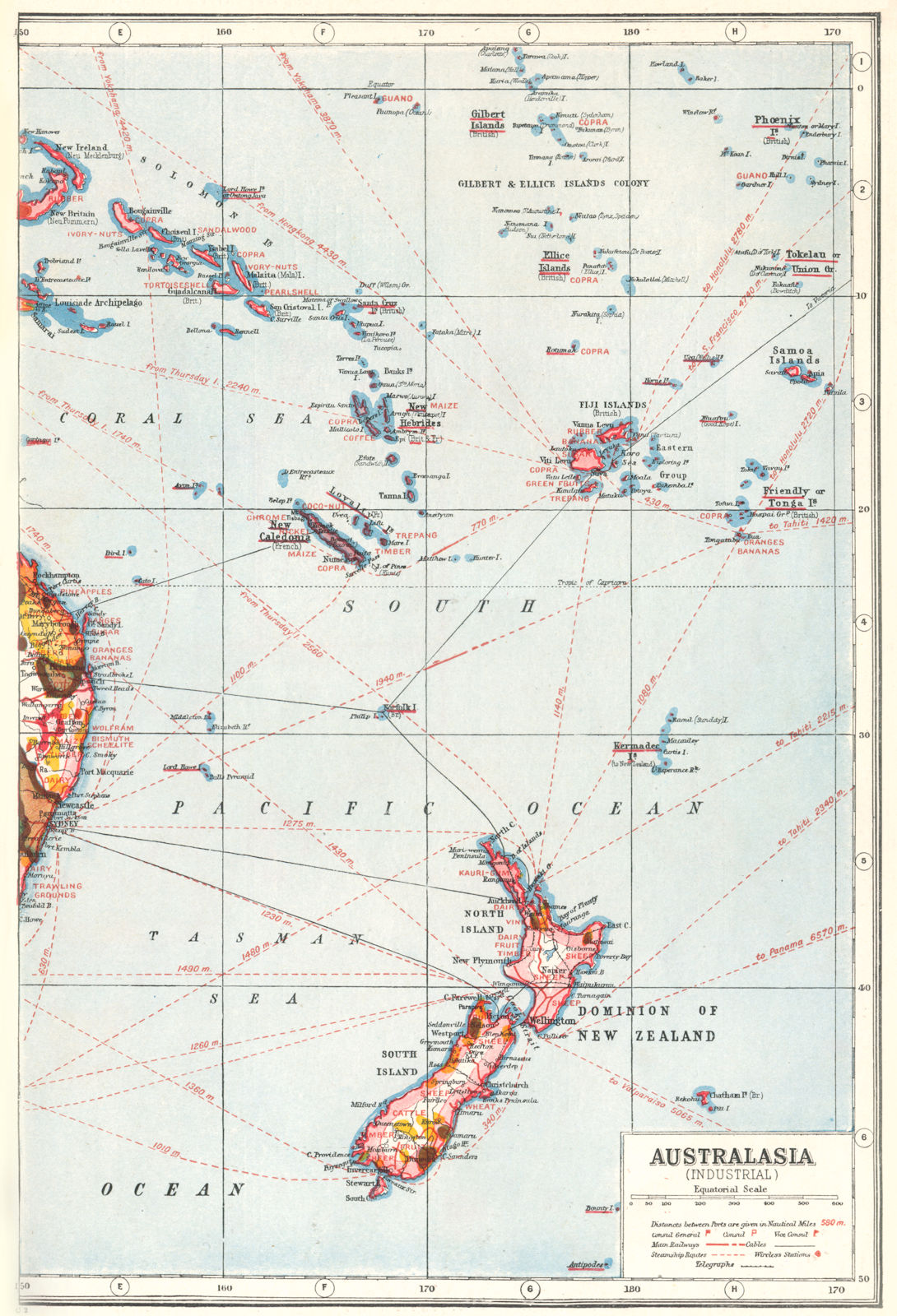 NEW ZEALAND FIJI PACIFIC ISLANDS. Industrial showing key products 1920 old map