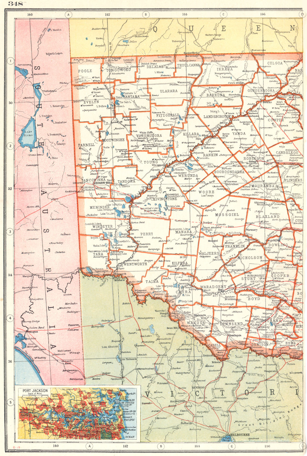 NEW SOUTH WALES WEST. Counties. Railways. Inset Sydney. Australia 1920 old map