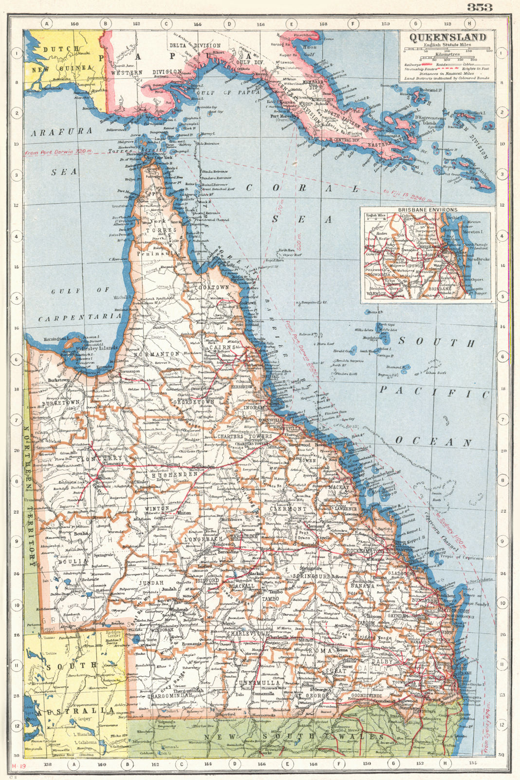 QUEENSLAND. State map showing counties. Inset Brisbane Environs 1920 old