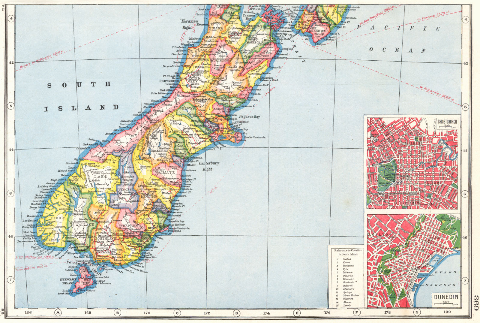 NEW ZEALAND SOUTH. Inset plans of Christchurch & Dunedin. HARMSWORTH 1920 map