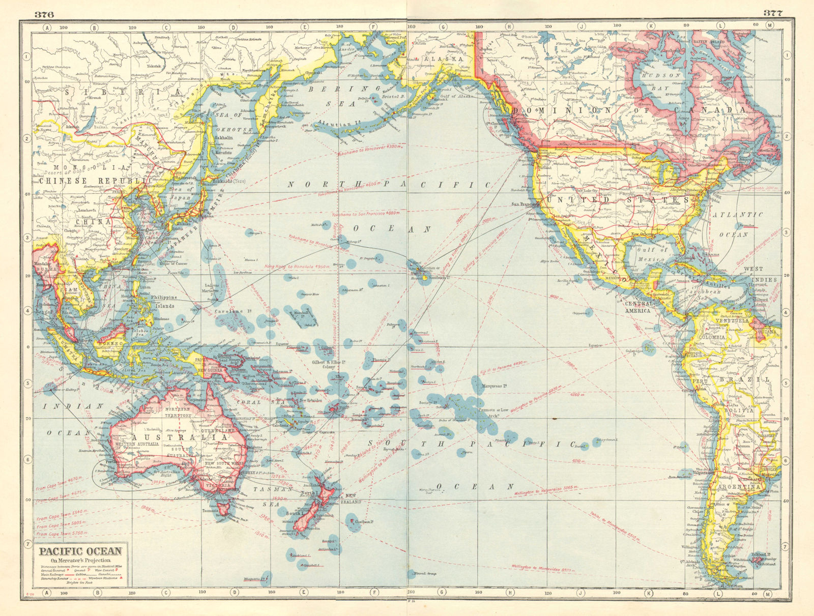 PACIFIC OCEAN. Mercator Projection. Railways cables steamship routes 1920 map