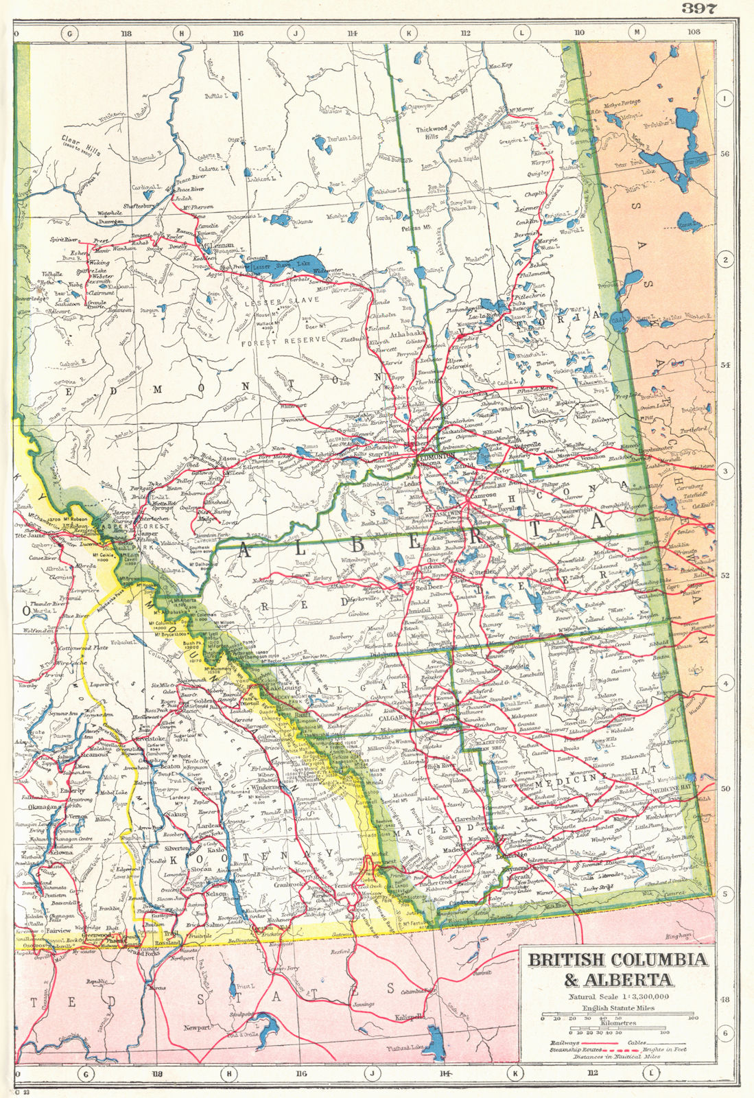 ALBERTA. Showing railways & part of British Columbia. Canada 1920 old map