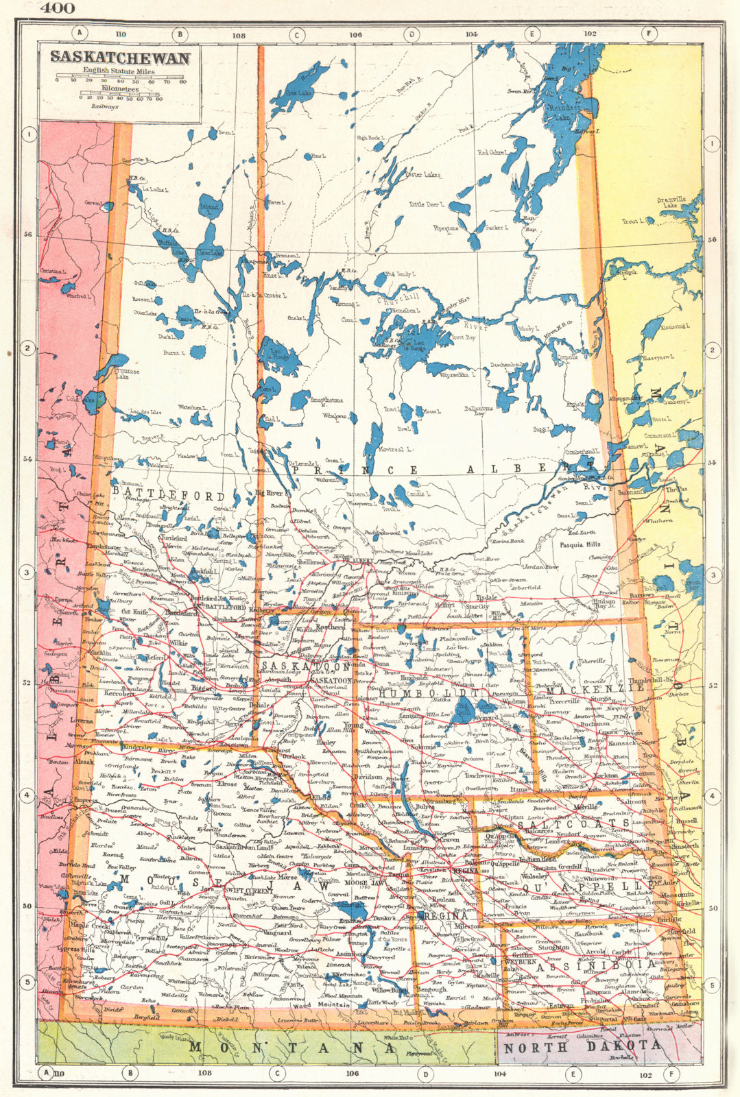 SASKATCHEWAN. Showing railways. Canada. HARMSWORTH 1920 old antique map chart