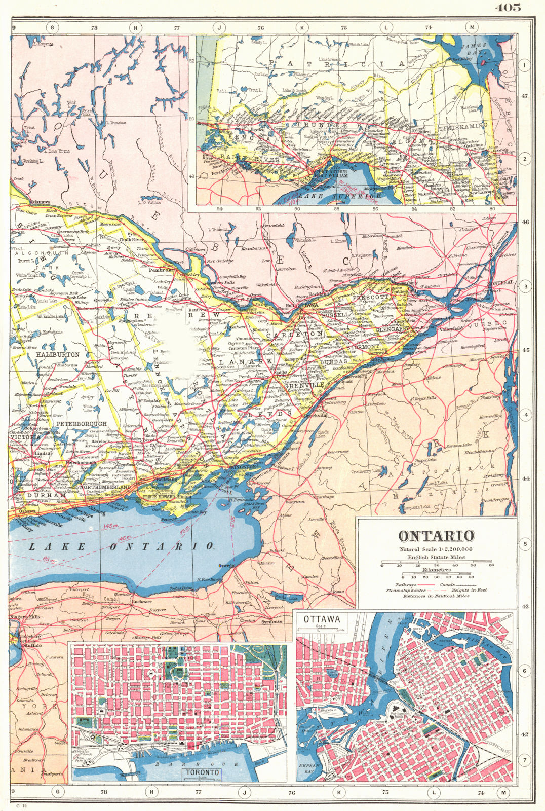 ONTARIO EAST. Inset plans of Toronto, Ottawa. HARMSWORTH 1920 old antique map