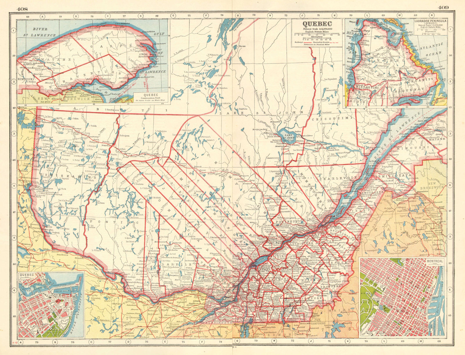 QUEBEC QUÉBEC. Showing counties. Inset plans of Quebec City & Montreal 1920 map
