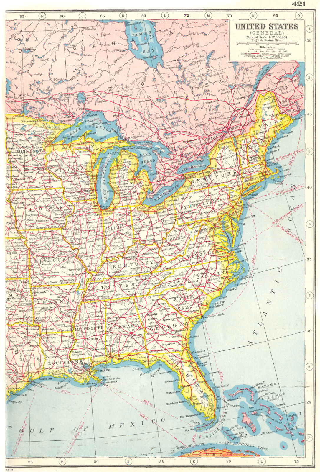 UNITED STATES EAST RAILWAYS. Roads canals steamship routes. USA 1920 old map