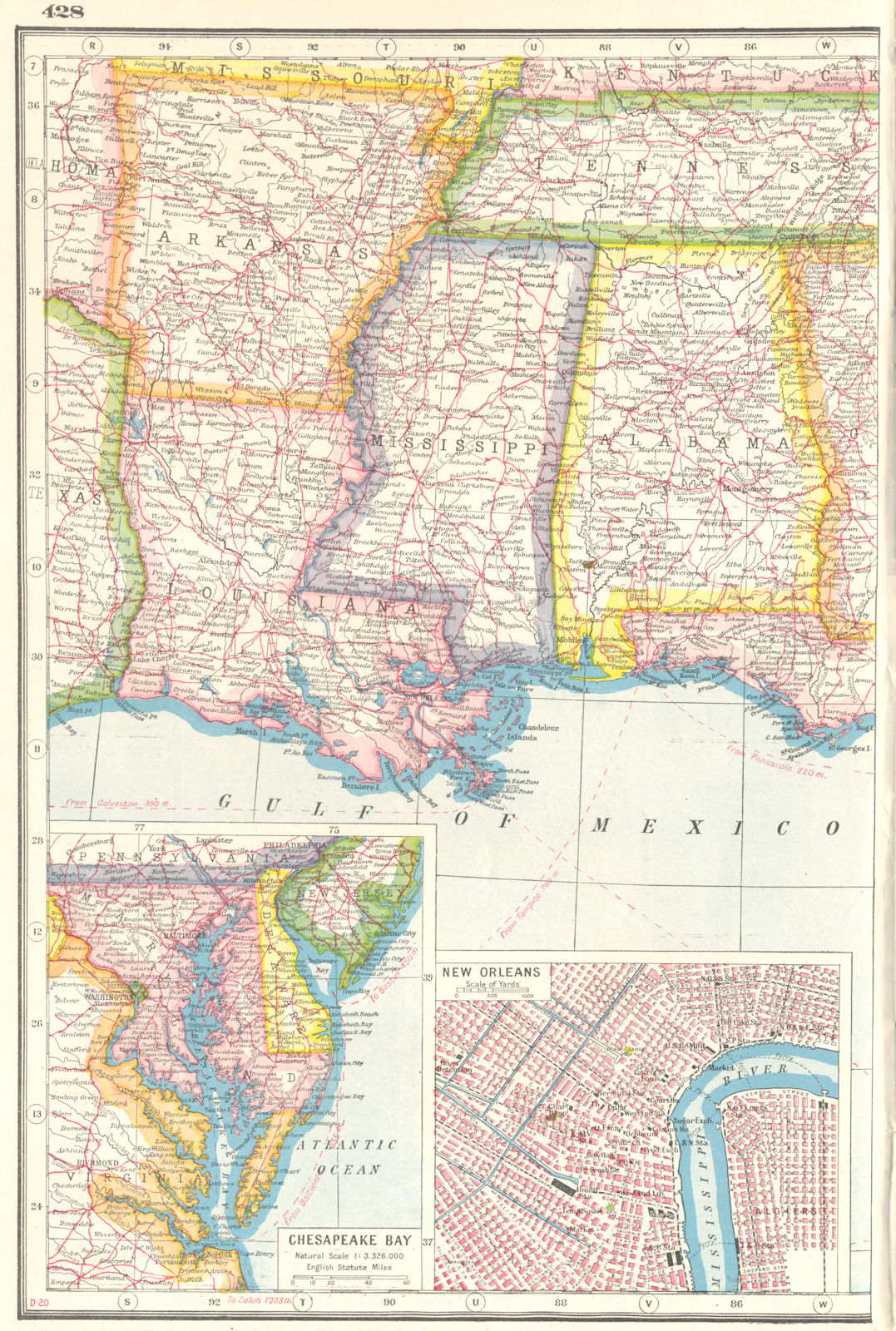 USA. Alabama Mississippi Louisiana Arkansas.Chesapeake Bay;New Orleans 1920 map