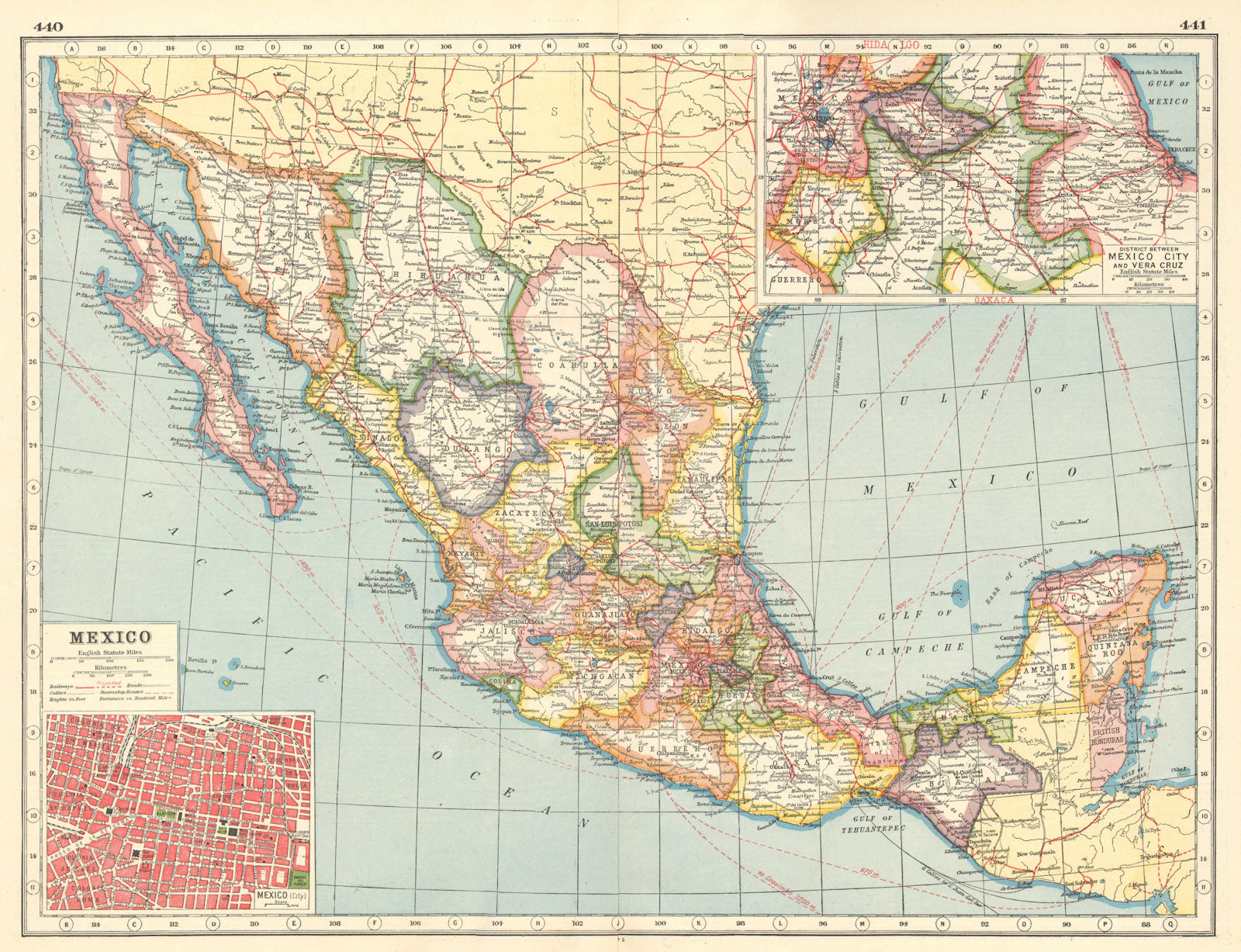 Associate Product MEXICO. Inset Mexico City plan; Mexico City-Veracruz district 1920 old map