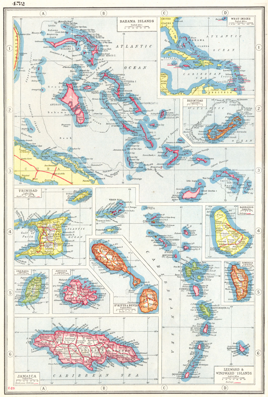 BRITISH WEST INDIES.Bahamas Bermuda Trinidad Antigua Jamaica Barbados+ 1920 map