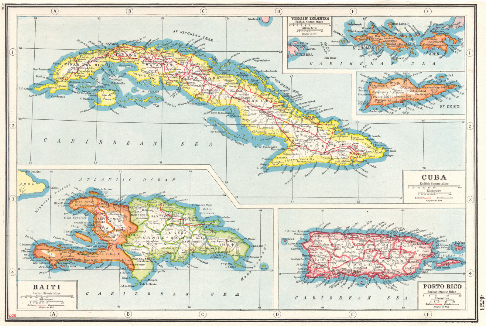 WEST INDIES.Cuba Puerto Rico Hispaniola Virgin Islands St Croix Haiti 1920 map