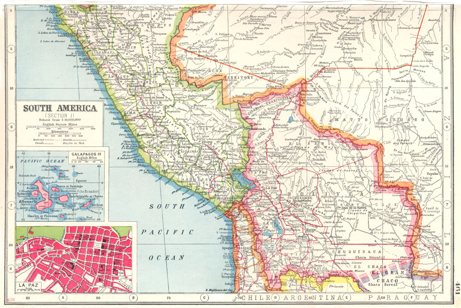 BOLIVIA & COASTAL PERU. inset Galapagos lslands & plan of La Paz 1920 old map
