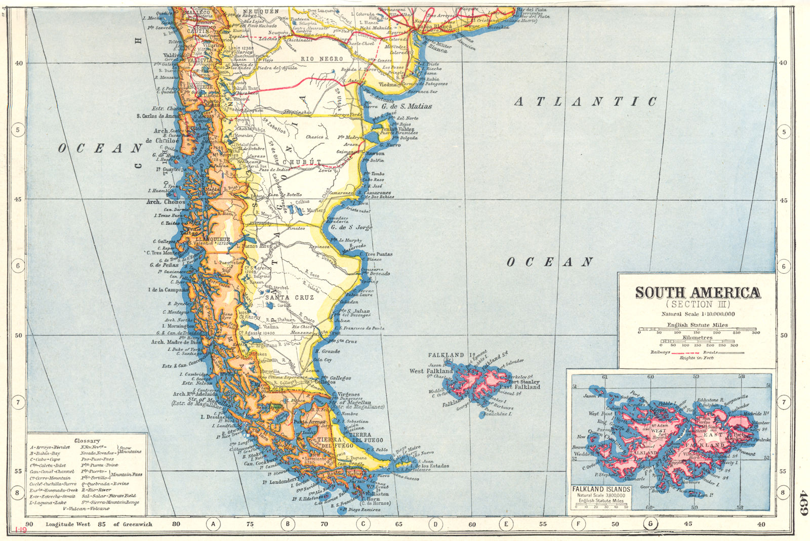 PATAGONIA.South America south. Argentina Chile; Falkland Islands 1920 old map