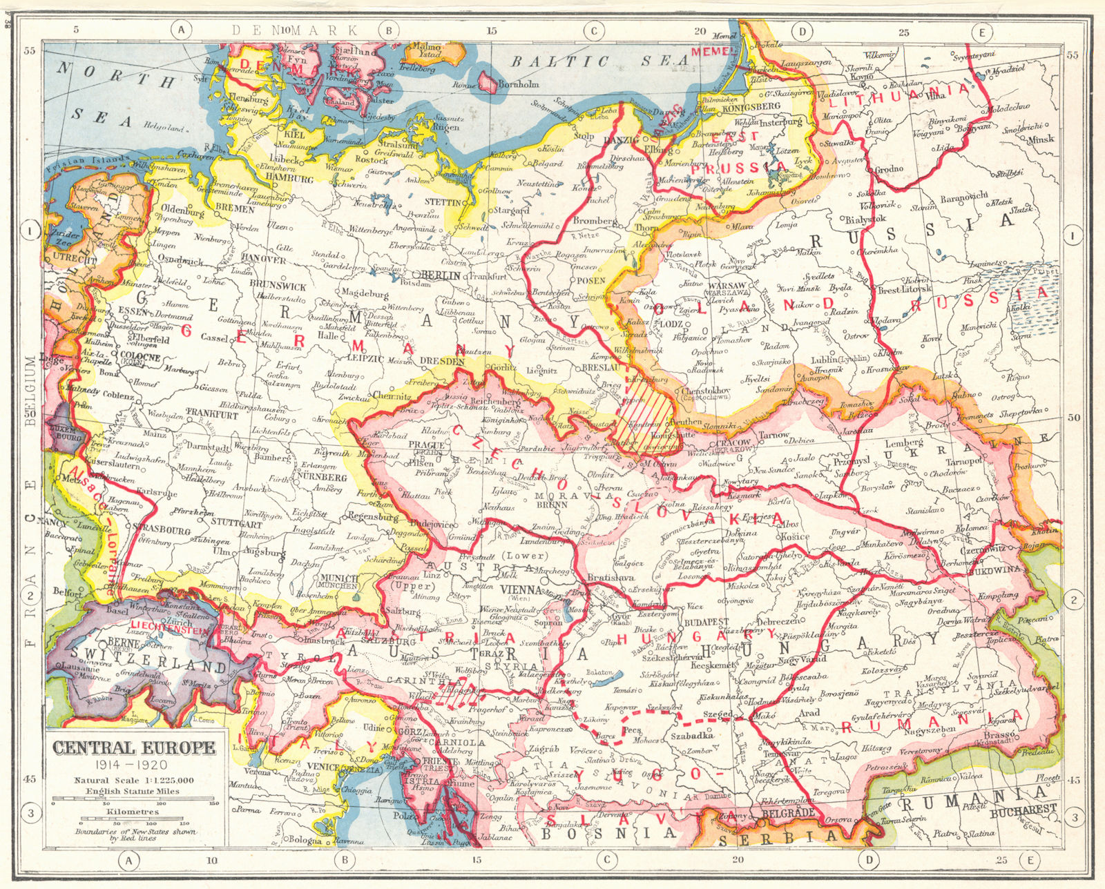 CENTRAL EUROPE. 1914-1920 border changes due to First World War 1 1920 old map