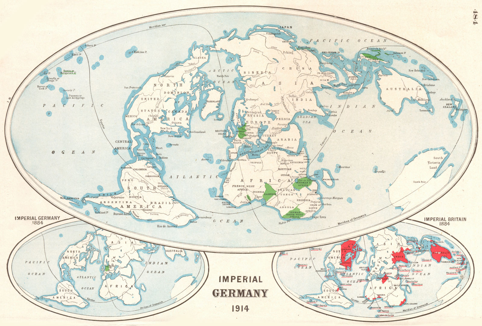 GERMAN EMPIRE. Shown in 1884 & 1914. British Empire in 1884. Imperial 1920 map