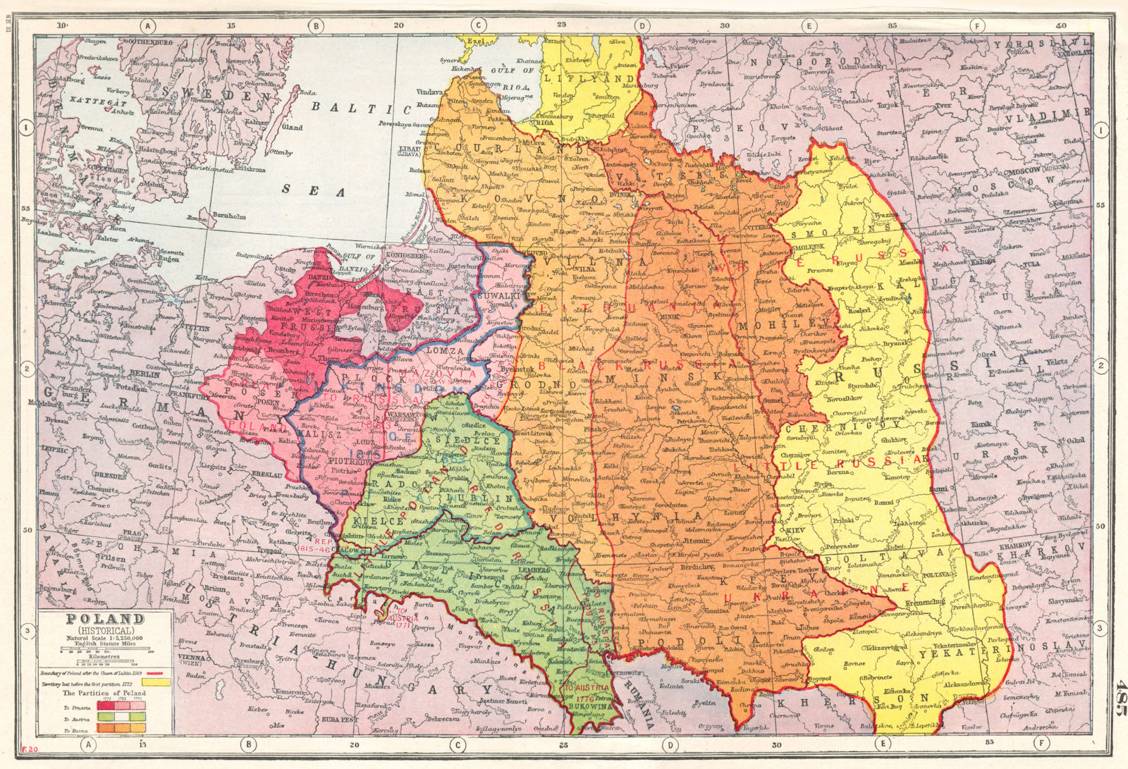 POLAND.Showing partition between Prussia Austria Russia 1772-1795 1920 old map