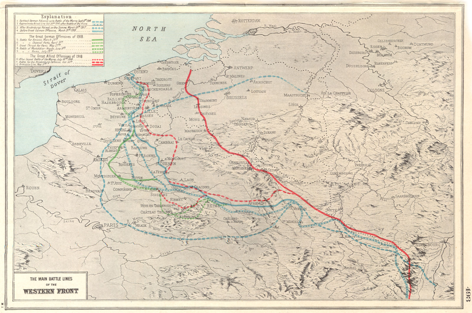 WORLD WAR 1. Main Battle lines of the Western Front. 1914-18 1920 old map