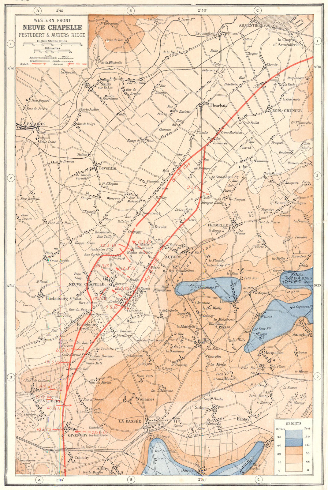 WORLD WAR 1.Neuve Chapelle Festubert Aubers Ridge. 1915 battle lines 1920 map