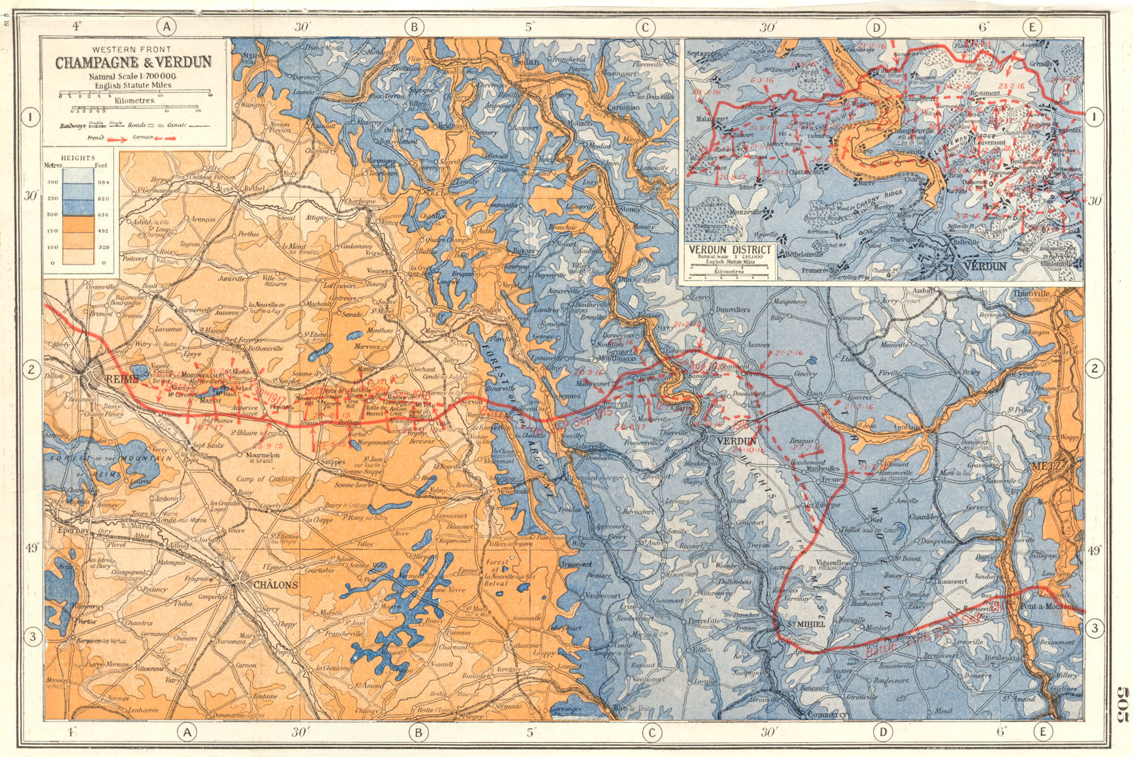 WORLD WAR 1.Western Front Champagne Verdun. 1916-17 battle lines 1920 old map