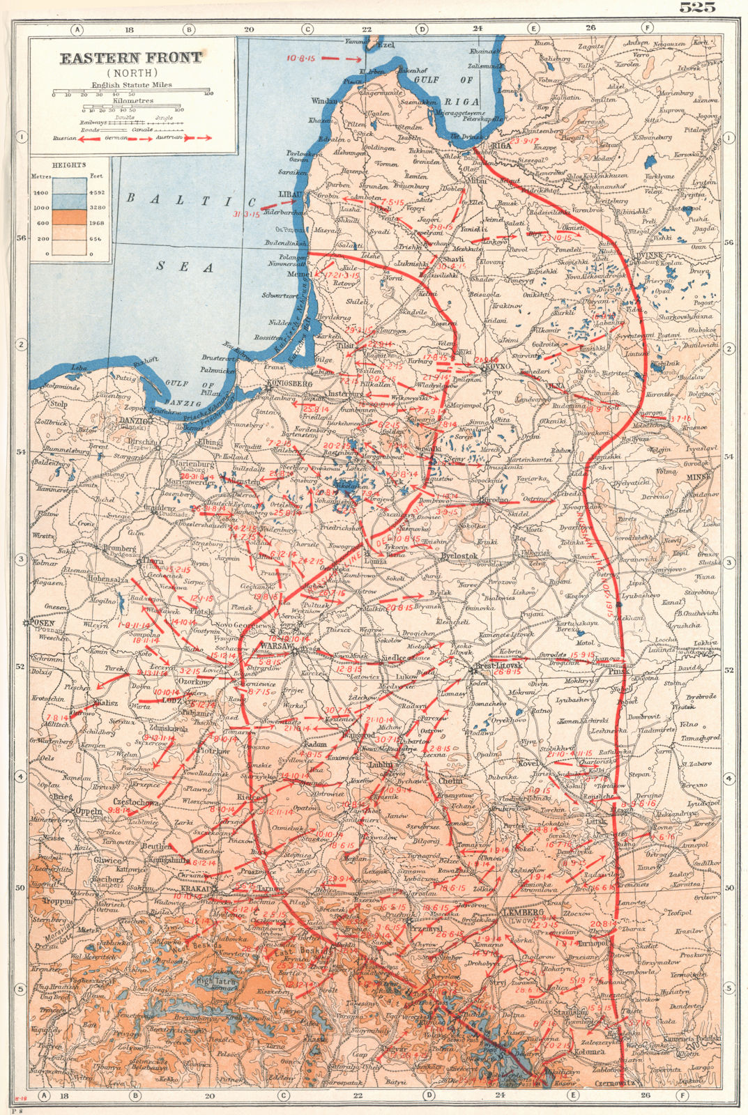 WW1  EASTERN FRONT. Belarus Baltics Poland Battle lines 1914-16 1920 old map