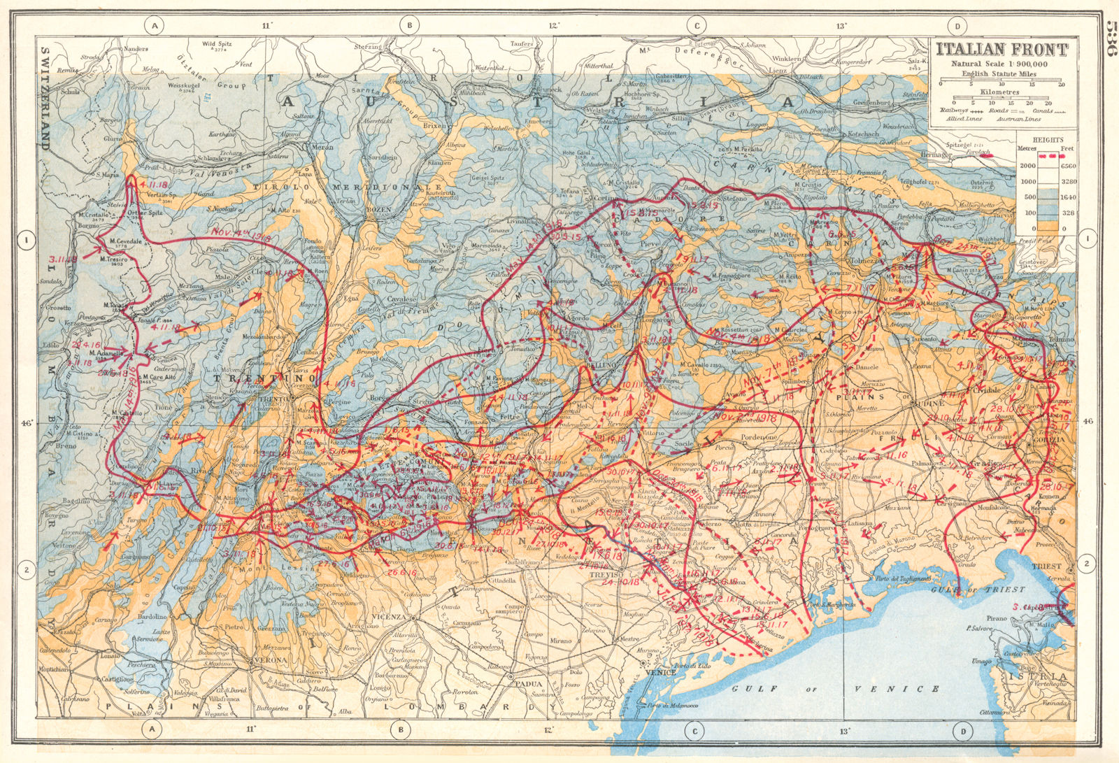FIRST WORLD WAR ITALIAN FRONT. Battle lines 1916-18. Austria.WW1 Italy 1920 map
