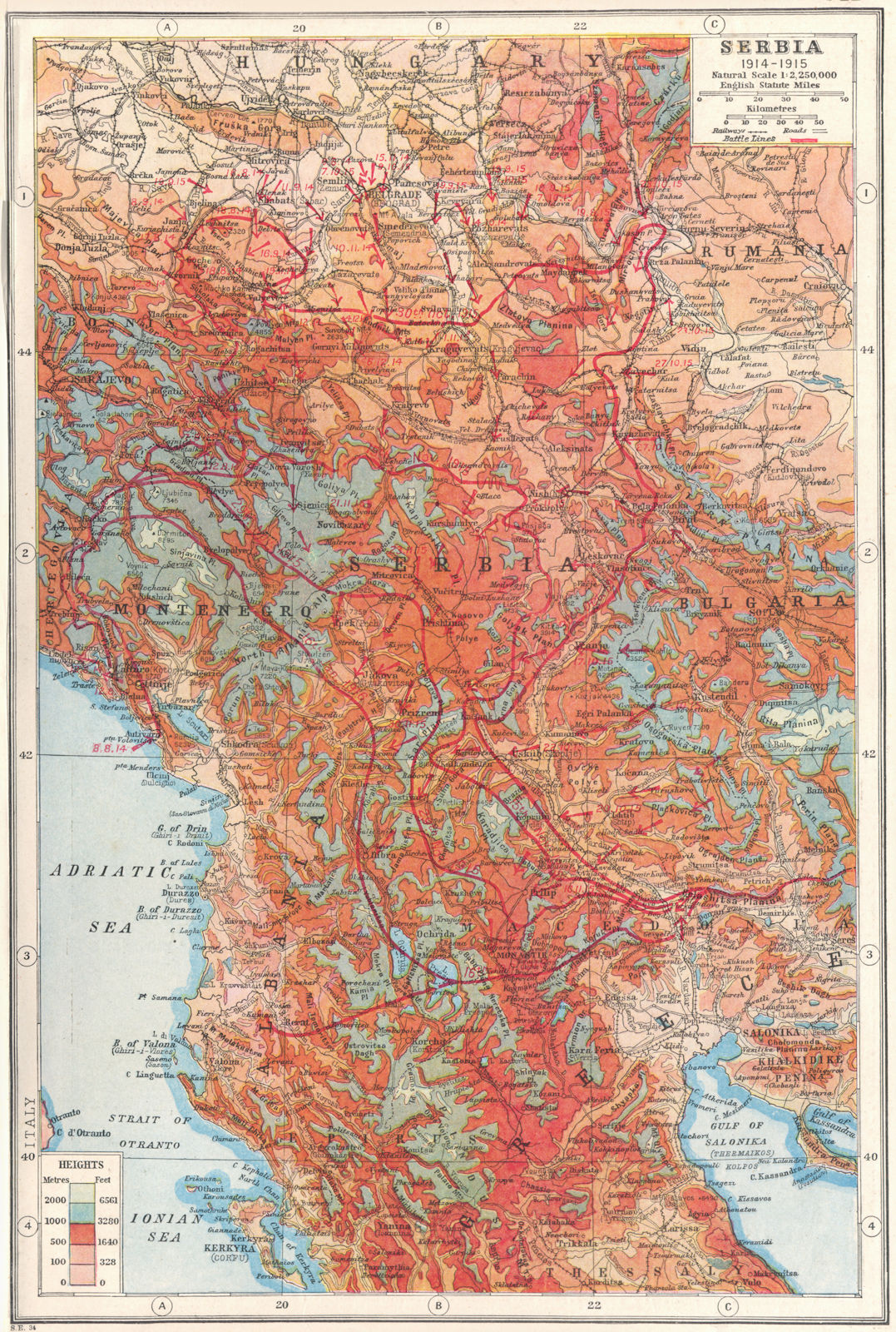 SERBIA. Macedonia Montenegro 1914-1915 battle lines. First World War  1920 map