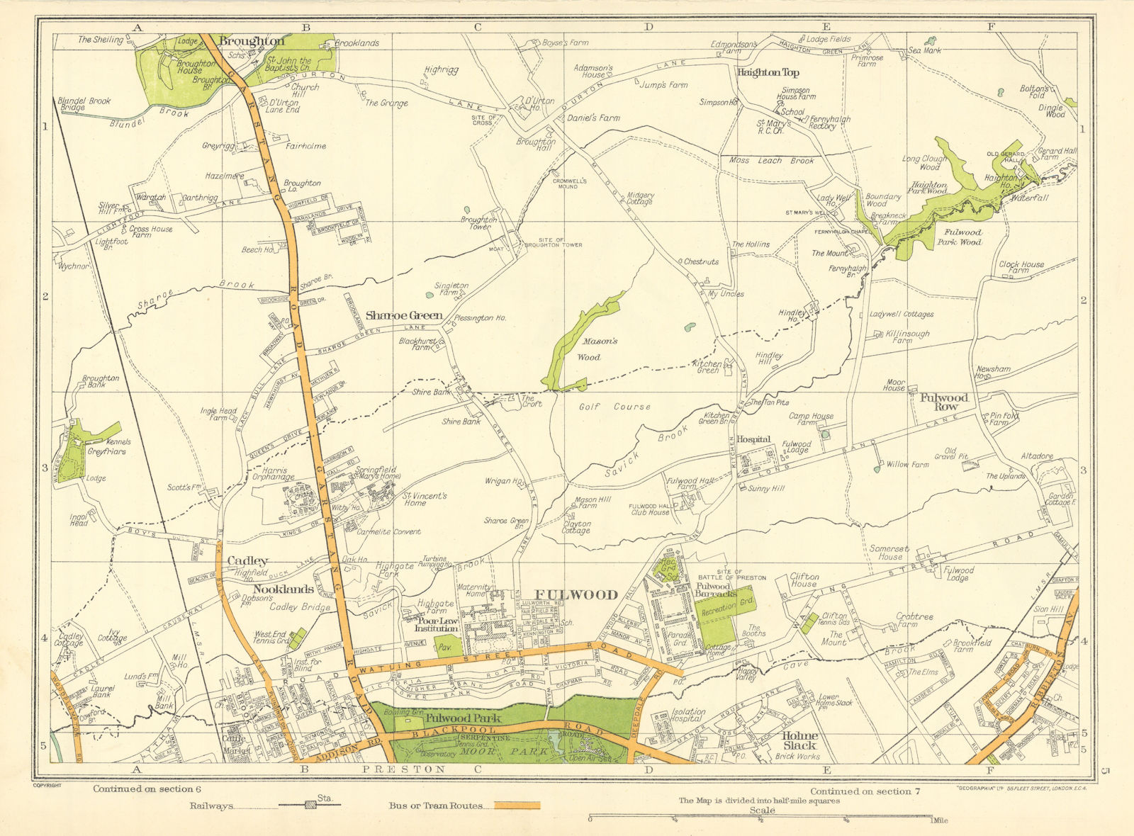 LANCASHIRE Preston Broughton Sharoe Green Fulwood Cadley Nooklands 1935 map