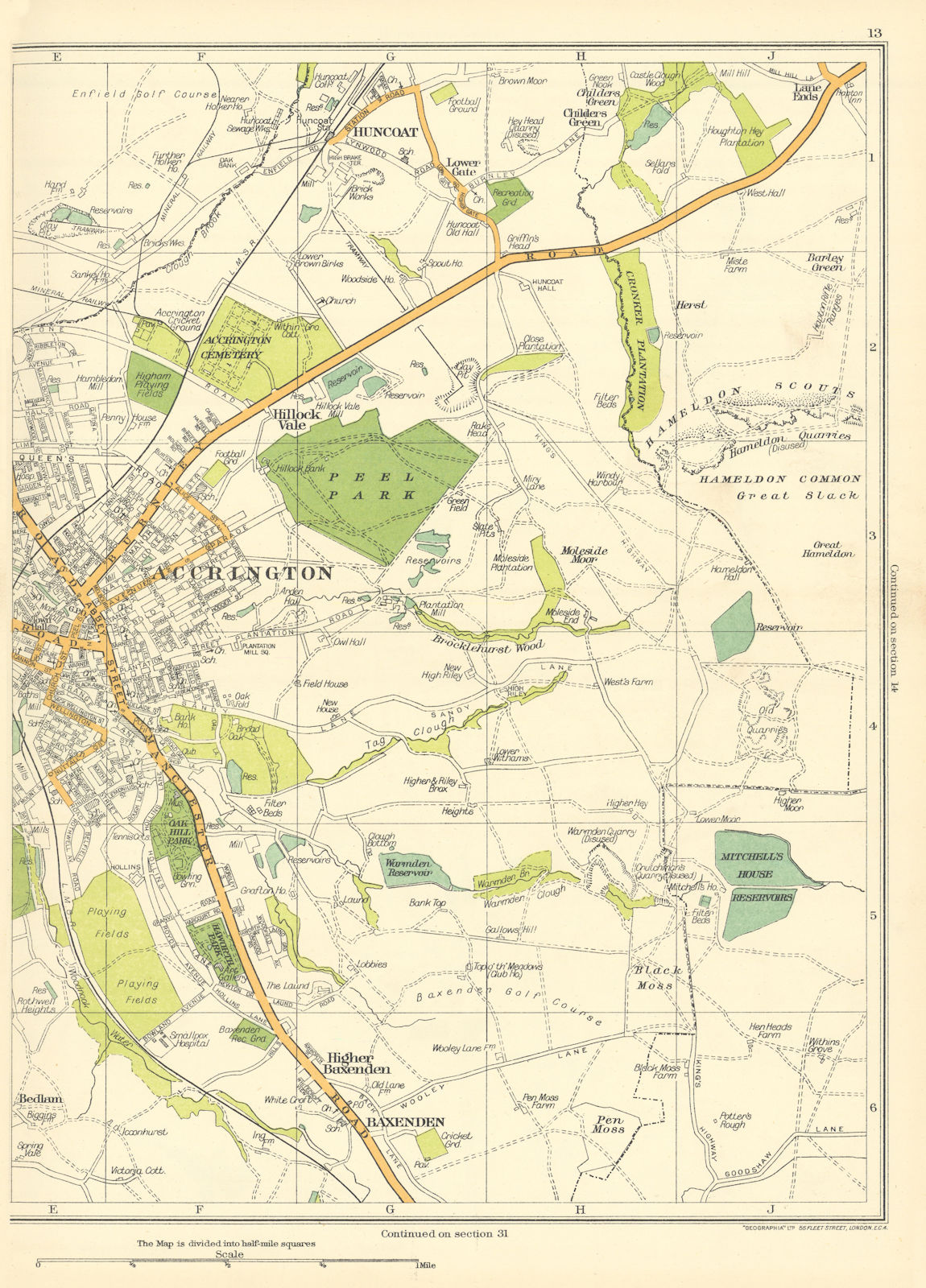 ACCRINGTON Huncoat Higher Baxenden Black Moss Bedlam 1935 old vintage map