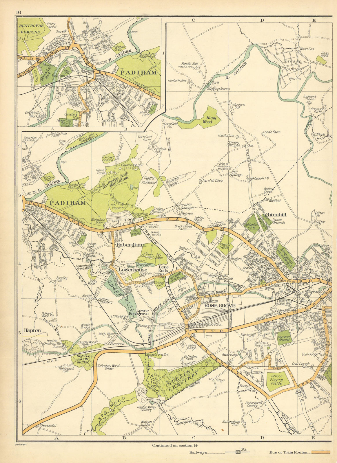 BURNLEY Padiham Ightenhill Habergham Lowerhouse Rose Grove 1935 old map