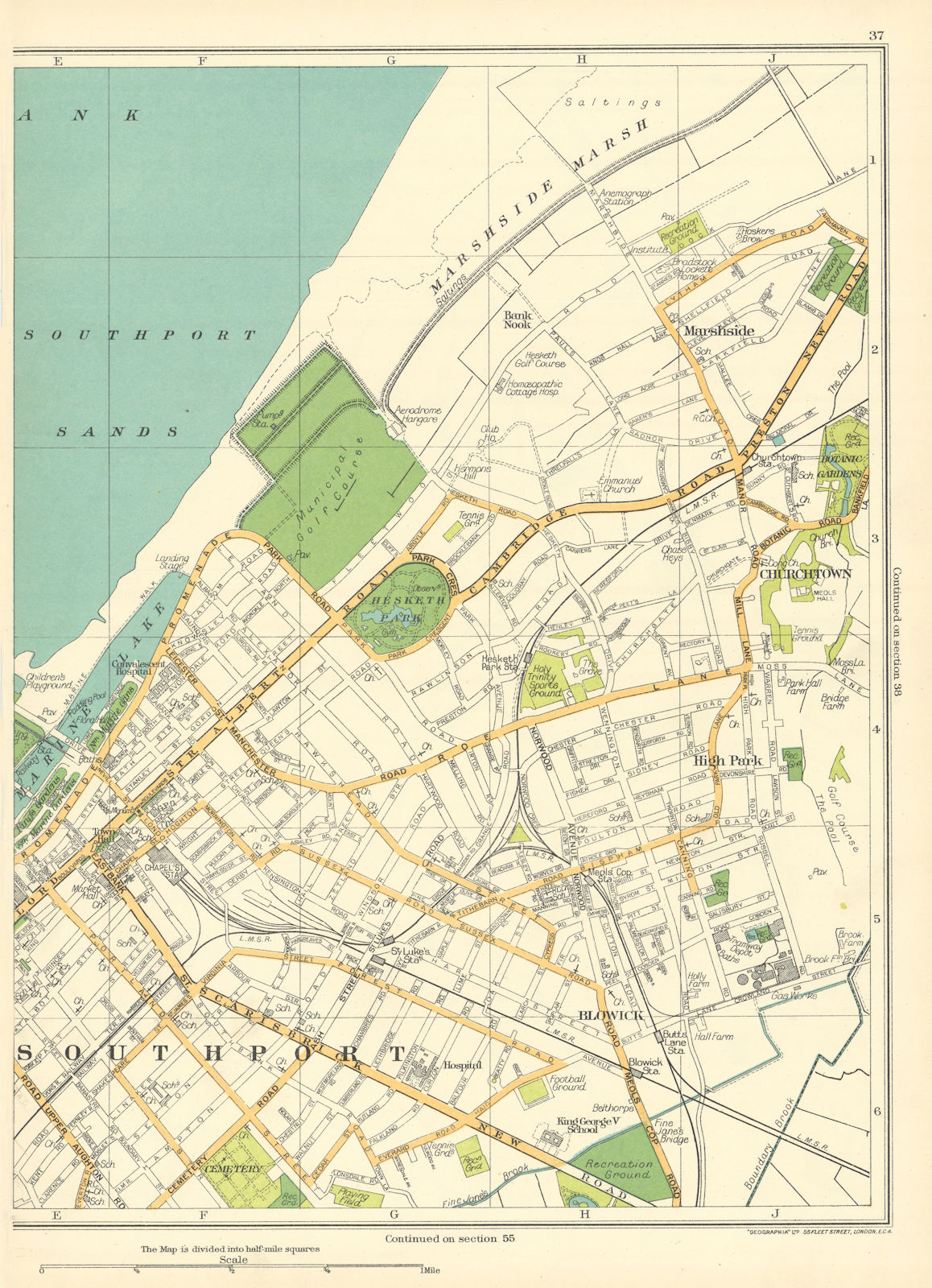 LANCASHIRE Southport Blowick High Park Churchtown Marshside Marsh 1935 old map