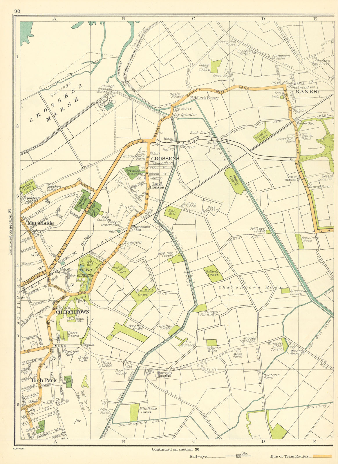 Associate Product LANCS.Southport,Crossens Marsh,Marshside,High Park,Churchtown 1935 old map