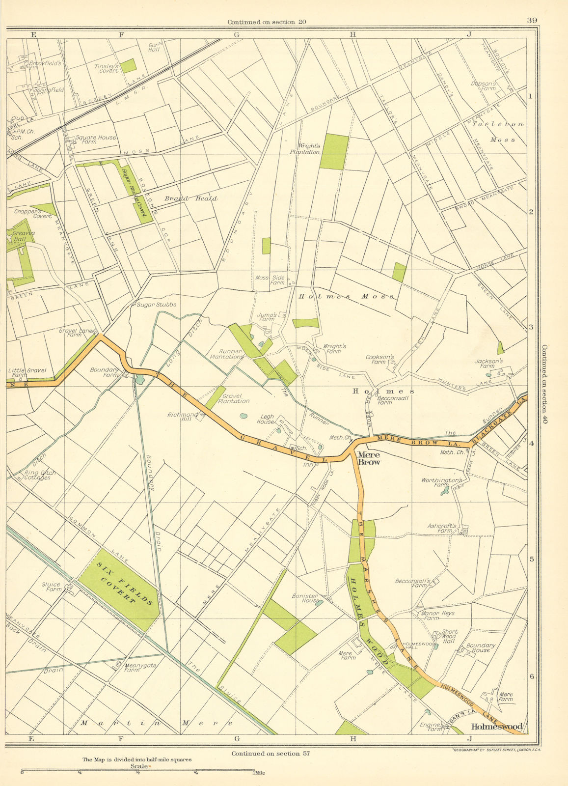 Associate Product LANCASHIRE.6 Fields Covert,Mere Brow,Holmeswood,Holmes Moss,Tarleton 1935 map