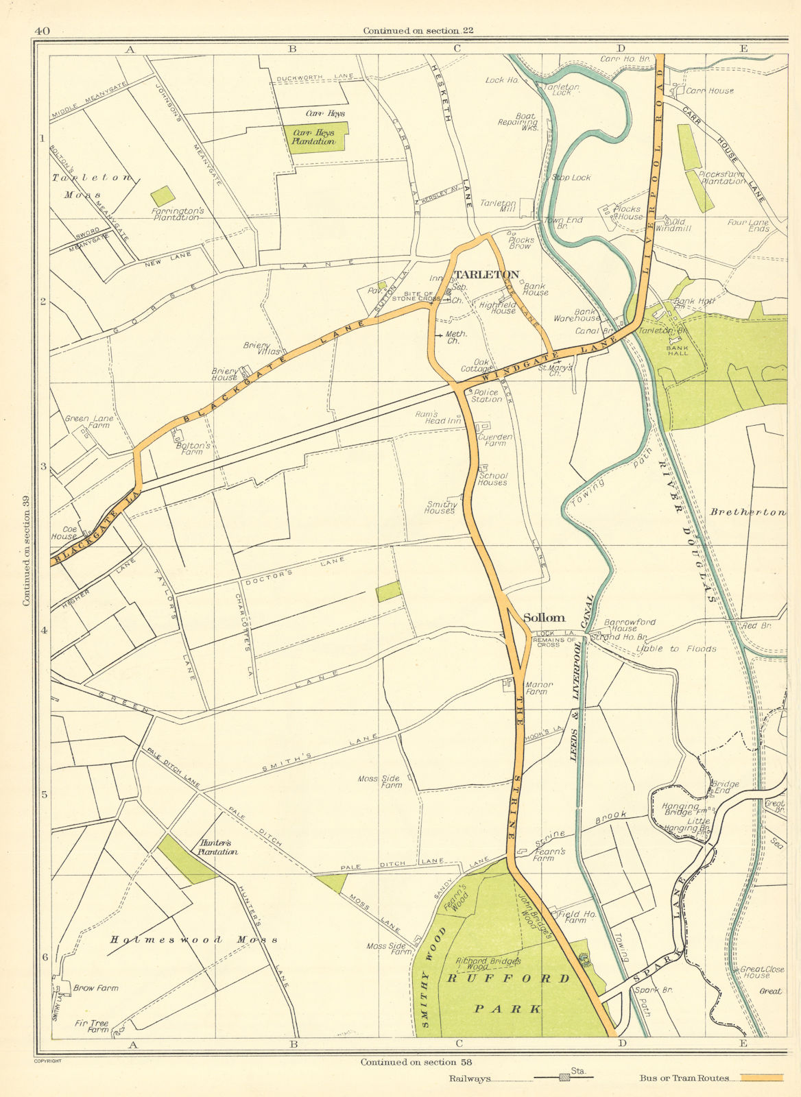 Associate Product LANCASHIRE.Sollom,Holmeswood Moss,Tarleton,Spark Lane,Blackgate Lane 1935 map