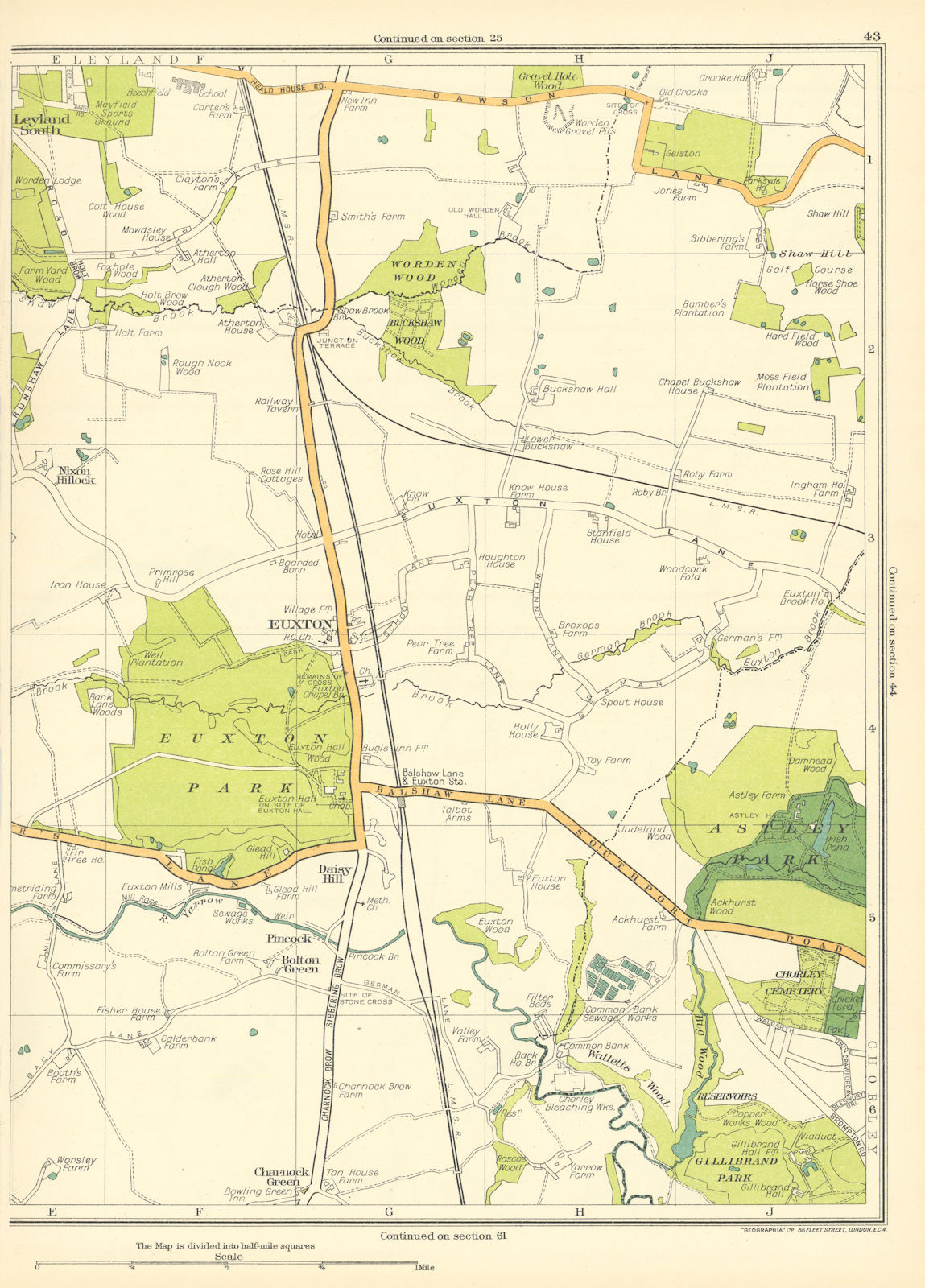 LANCASHIRE Leyland Chorley Euxton Astley Park Charnock Green Bolton 1935 map