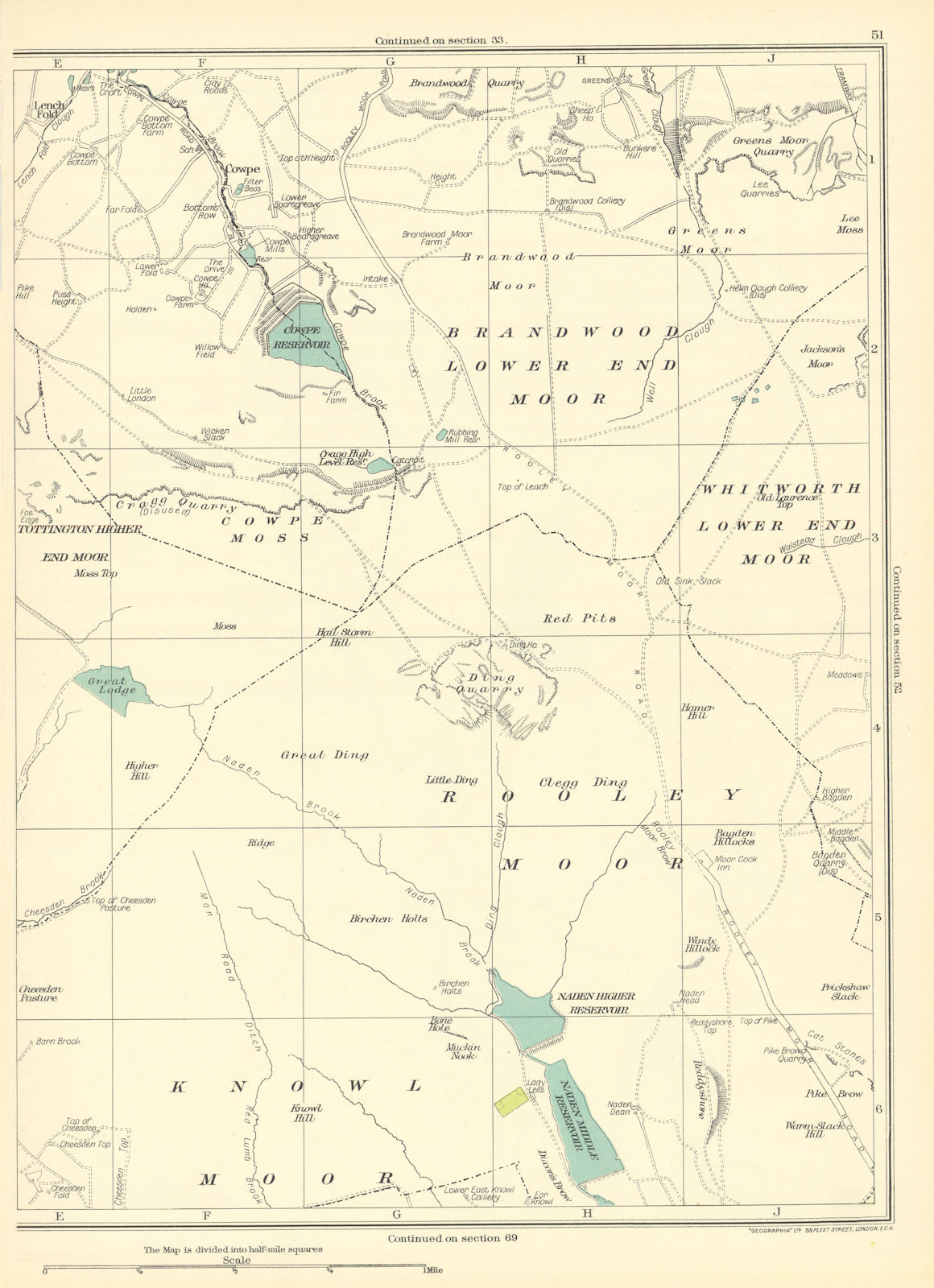 Associate Product LANCASHIRE.Knowl Moor,Rooley Moor,End Moor,Cowpe Moss,Cowpe Reservoir 1935 map