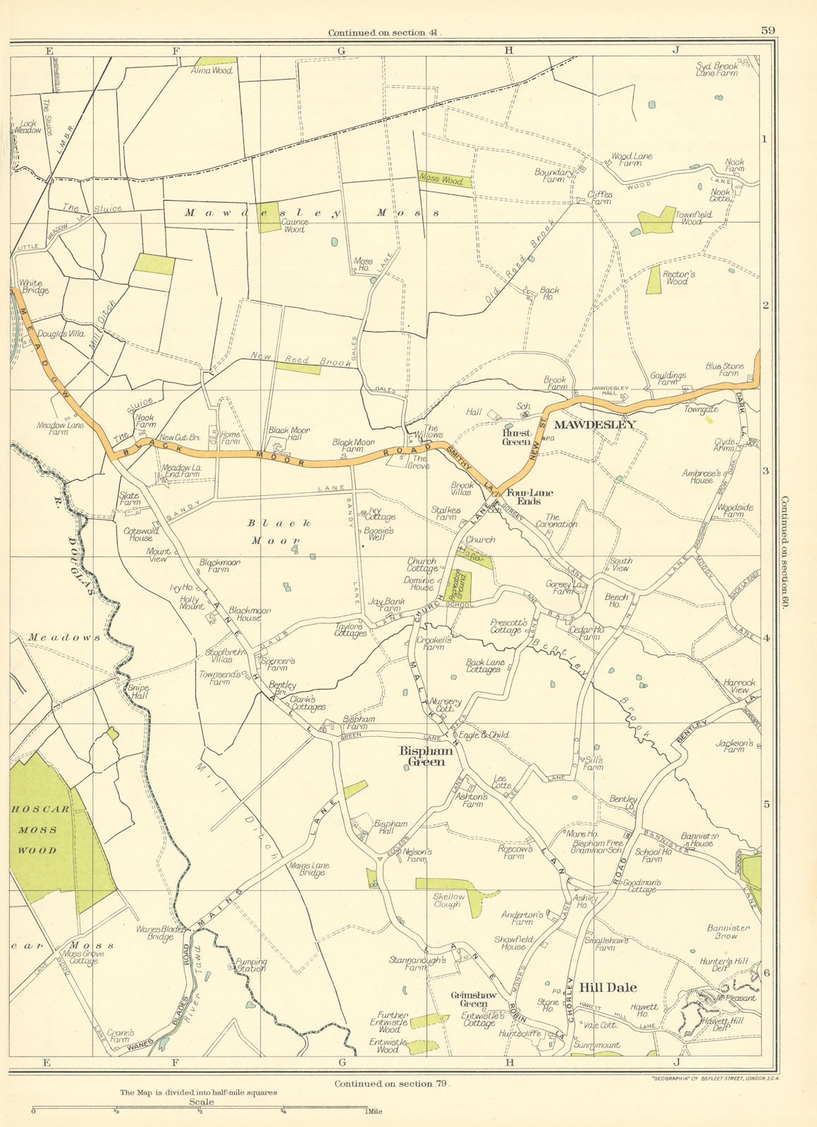 Associate Product LANCASHIRE.Hill Dale,Bispham Green,Four Lane Ends,Mawdesley,Black Moor 1935 map