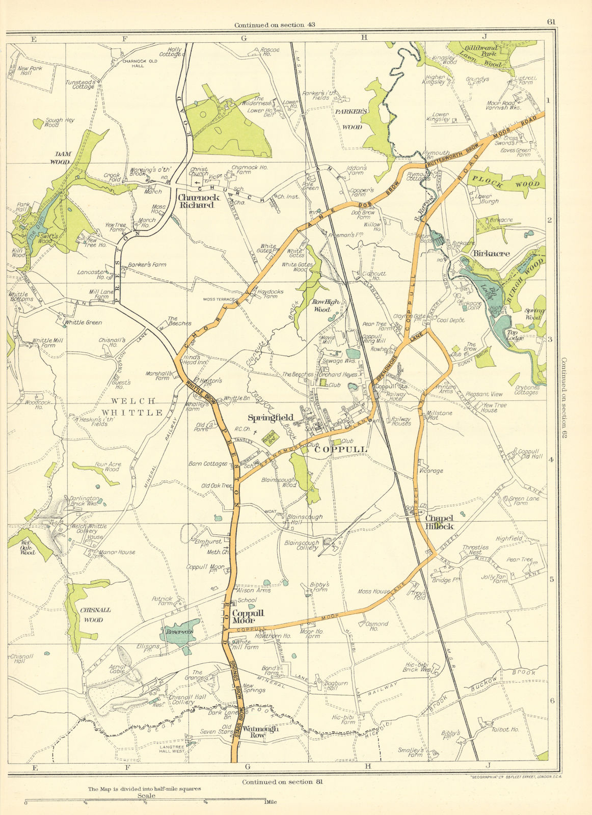 Associate Product LANCASHIRE.Welch Whittle,Coppull Moor,Chapel hill,Charnock Richard 1935 map