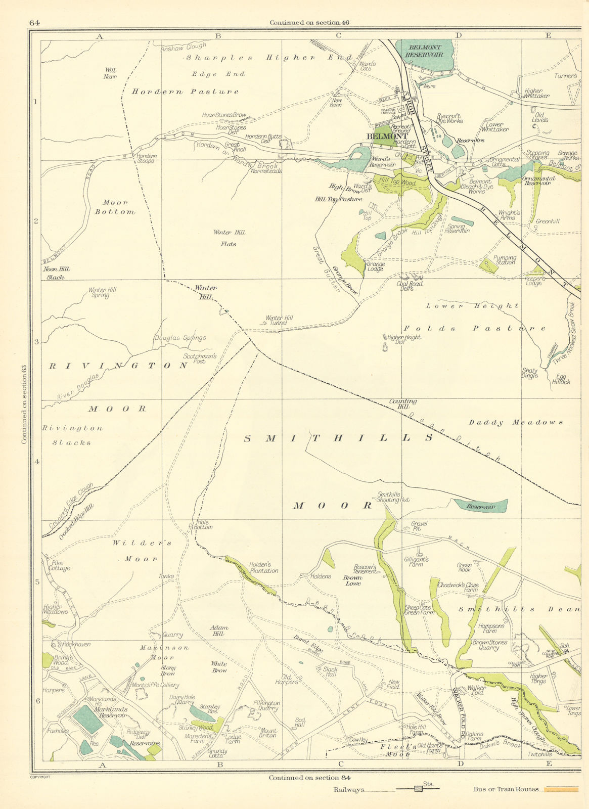 LANCASHIRE.Smithills Moor,Rivington,Belmont,Reservoir,Bottom,Pasture 1935 map