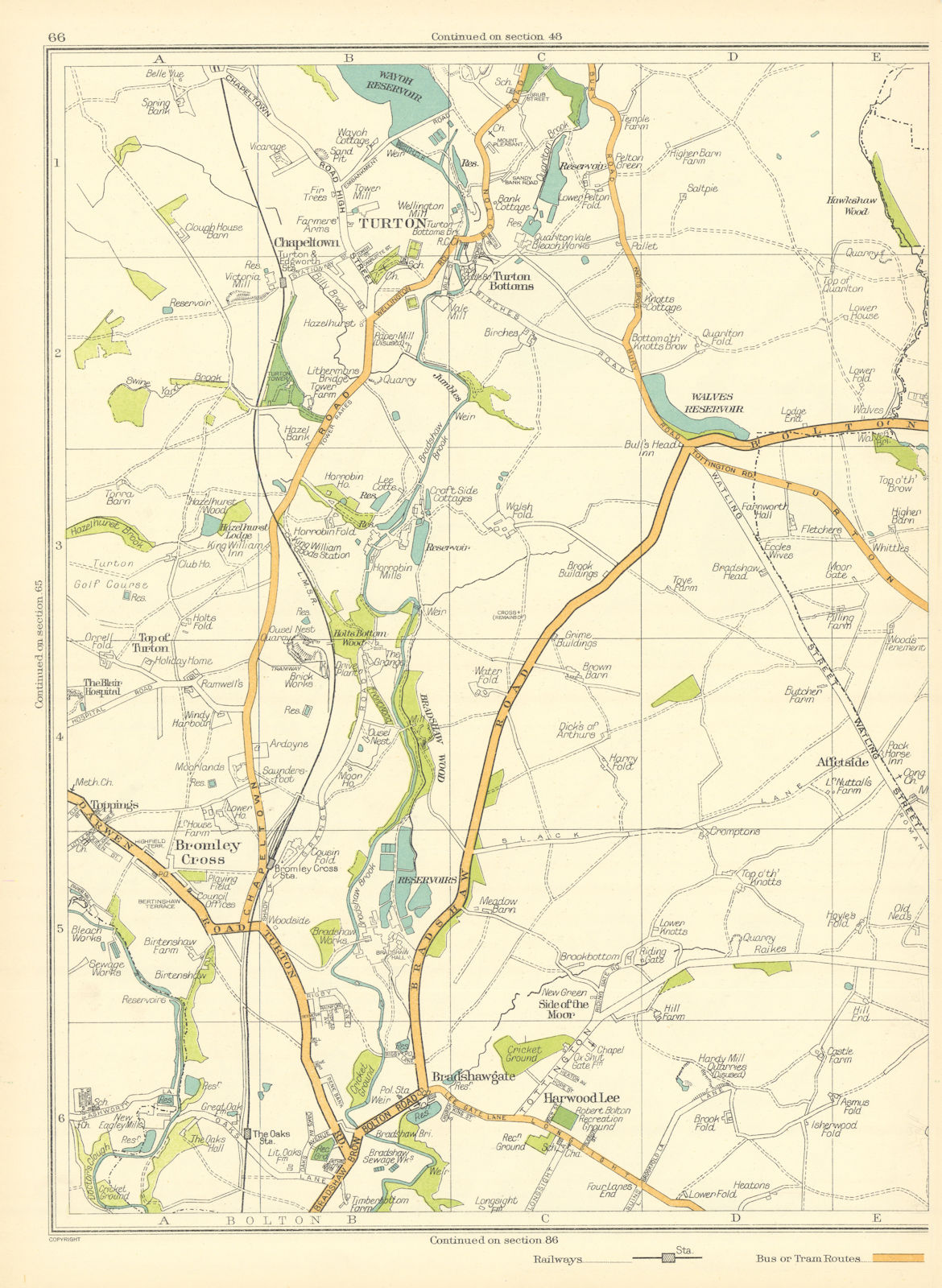 LANCASHIRE Bolton Turton Bromley Cross Harwood Lee Bradshawgate 1935 old map