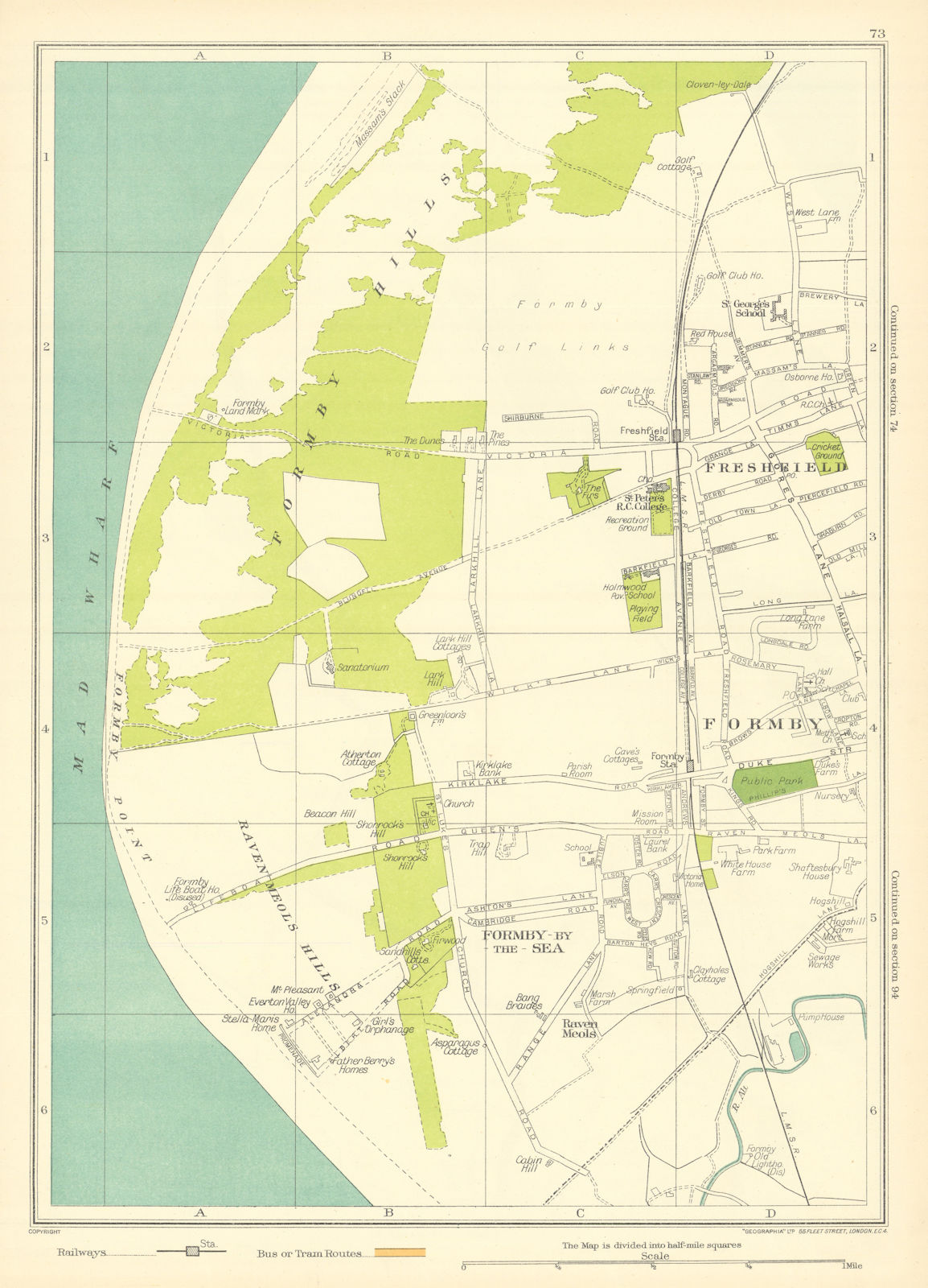 LANCASHIRE Formby by the Sea Freshfield Raven Meols hills Mad Wharf 1935 map