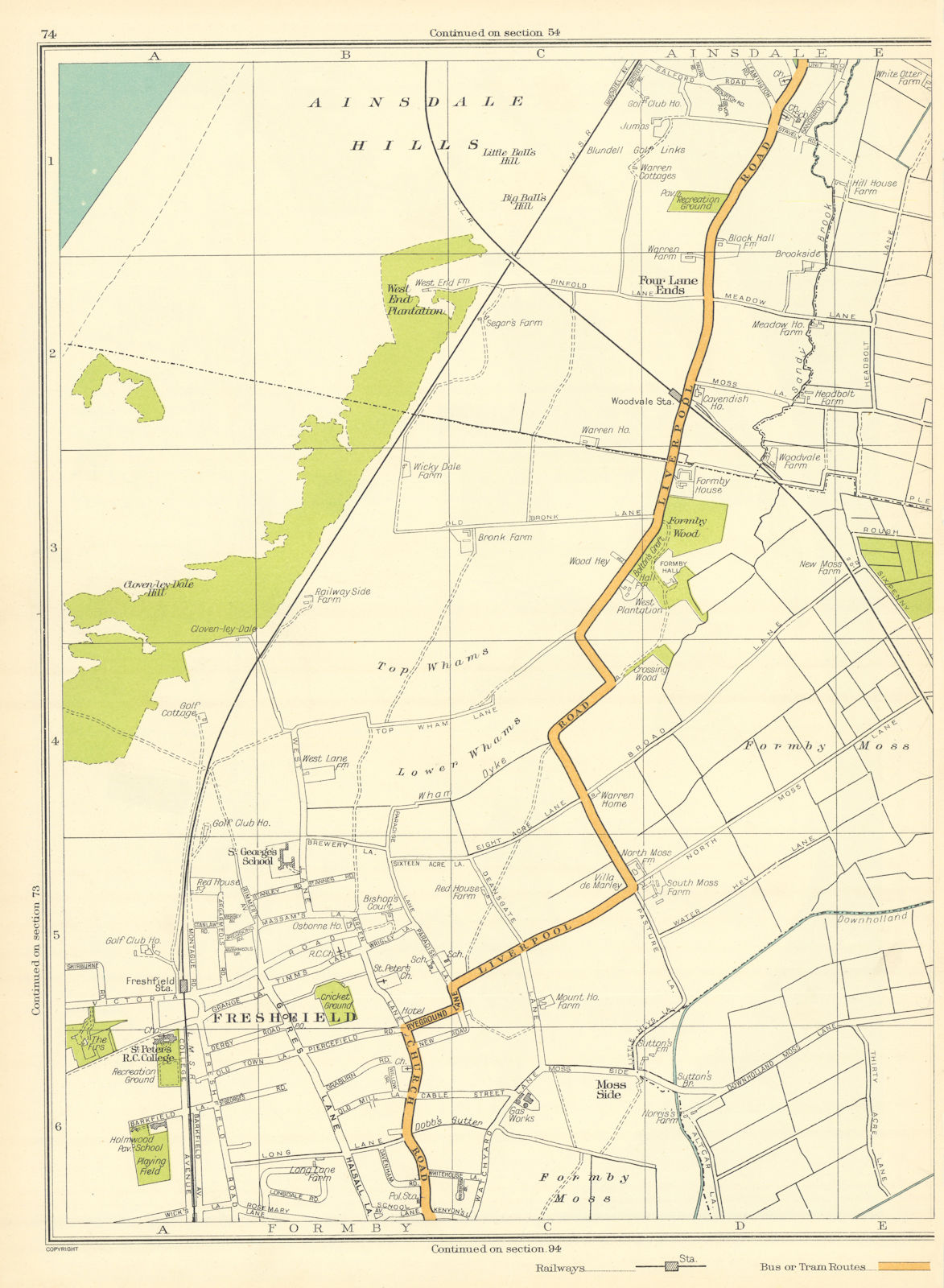 Associate Product LANCS.Freshfield,Formby,Ainsdale Hills,Moss Side,Four Lane Ends 1935 old map