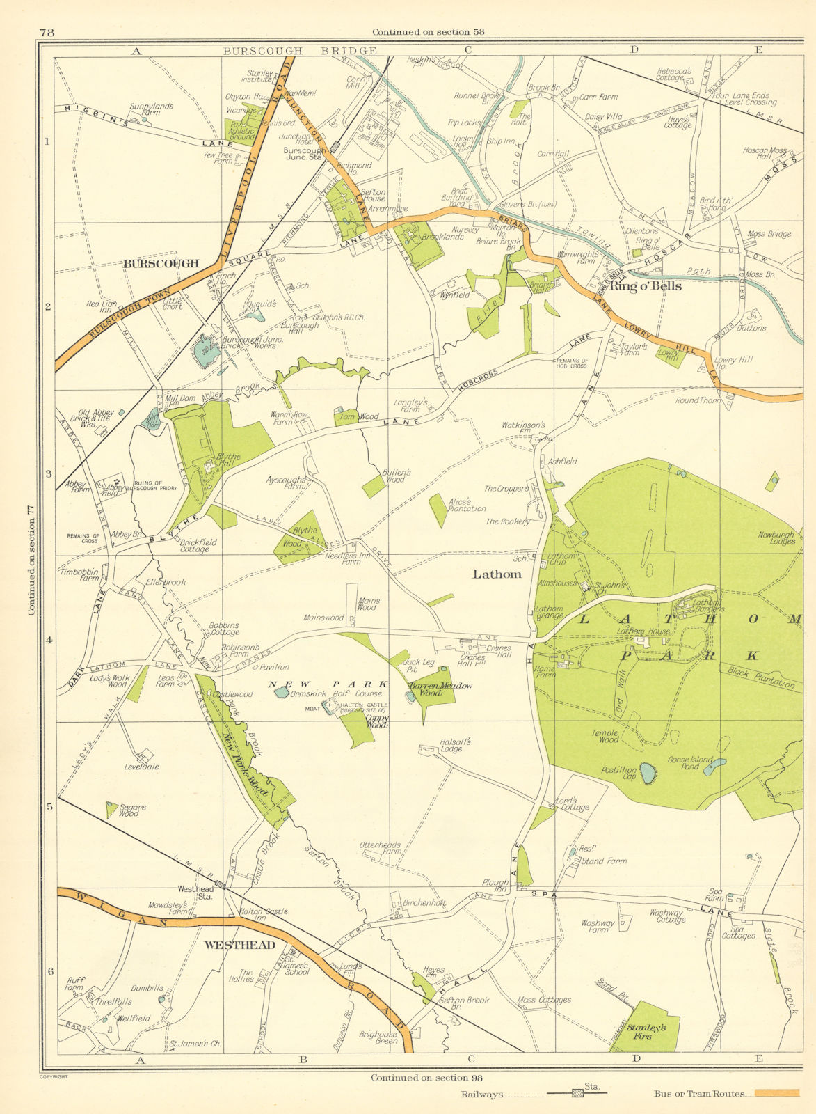 Associate Product LANCASHIRE.Burscough,Ring O'Bells,Lathom,Lathom Park,Westhead,New Park 1935 map
