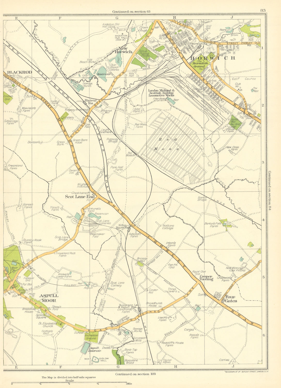 Associate Product LANCASHIRE.Aspull Moor,Scot Lane End,Horwich,Blackrod,New,4 Gates 1935 old map