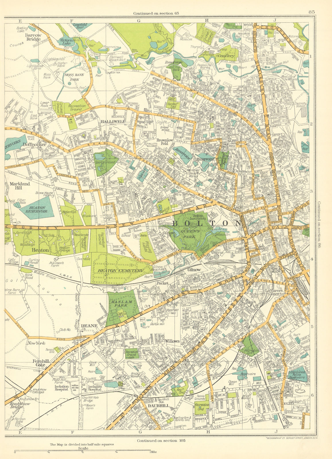 BOLTON Deane Heaton Fernhill Gate Markland Hill Daubhill 1935 old vintage map