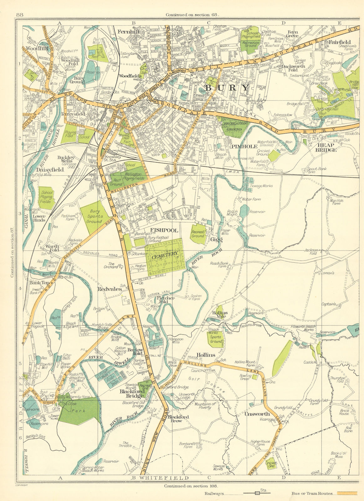 Associate Product BURY.Fernhill,Heap Bridge,Pimhole,Daisyfield,Fishpool,Redvales 1935 old map