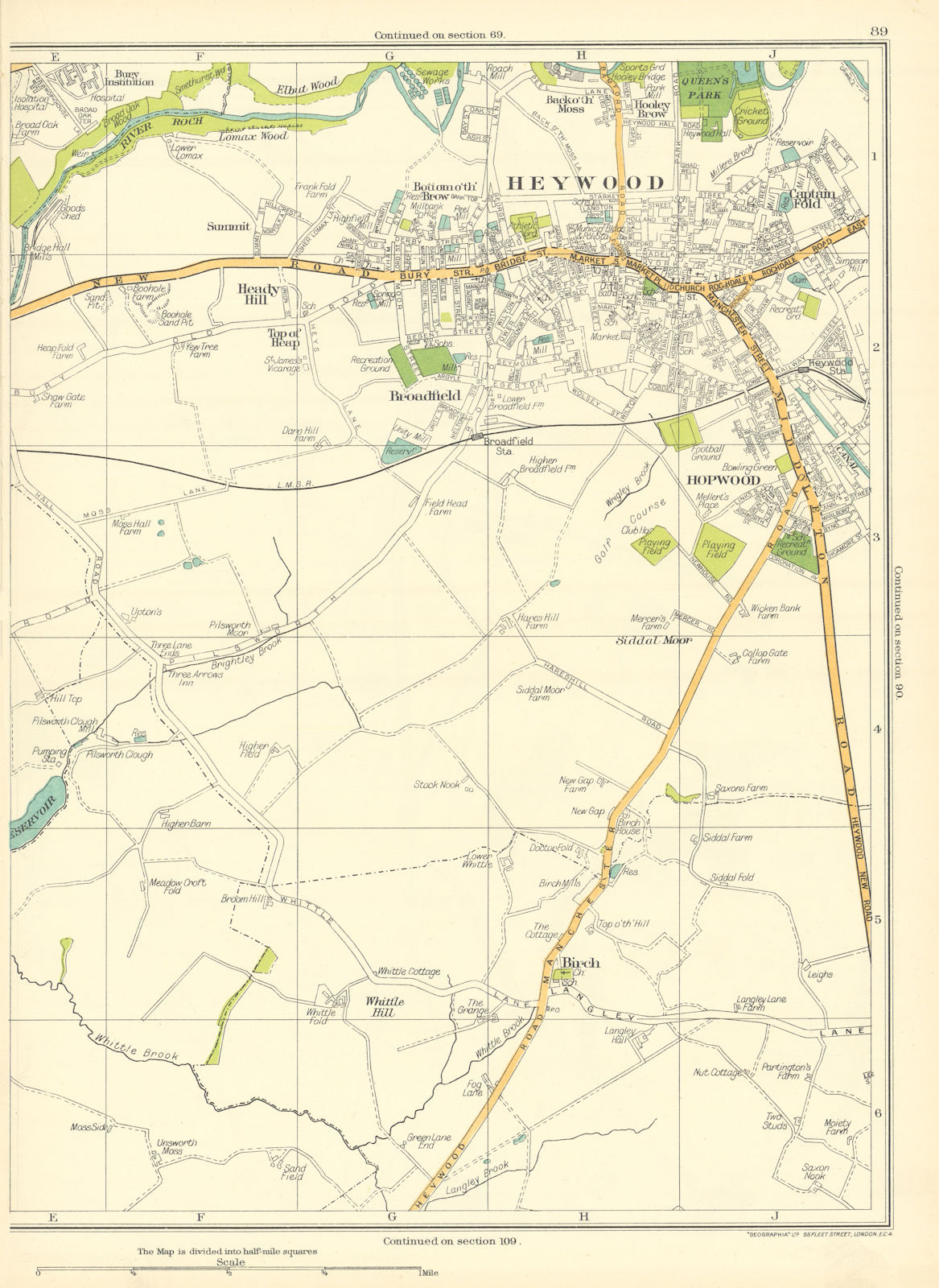 Associate Product HEYWOOD.Bury,Heady Hill,Broadfield,Hopwood,Birch,Whittle Hill 1935 old map