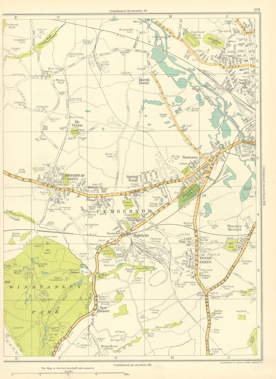 LANCS Wigan Pemberton Winstanley Newton Spring Bank Lamberhead Green 1935 map