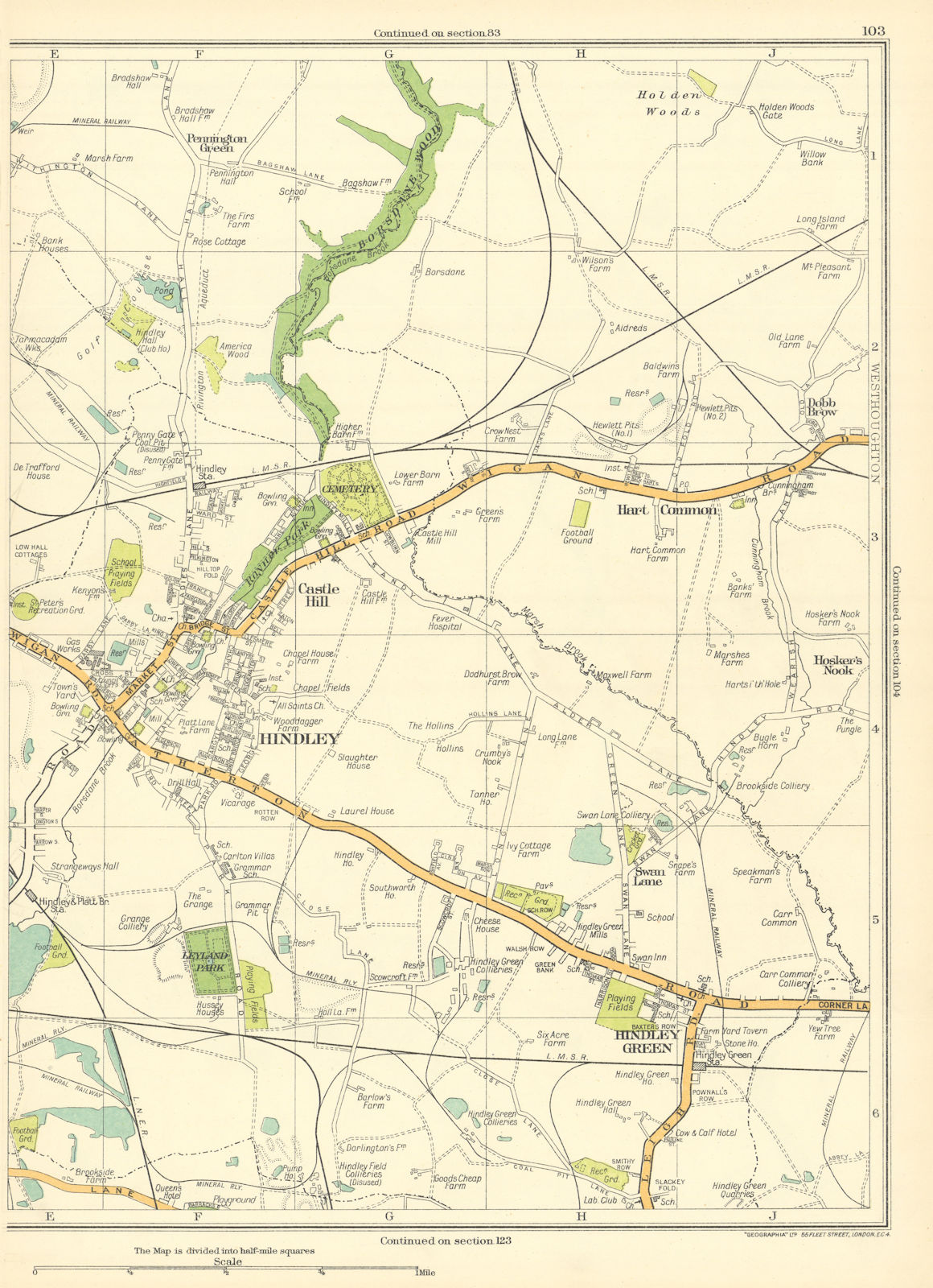Associate Product LANCS.Hindley Green,Castlehill,Hart Common,Castle Hill,Westhoughton 1935 map